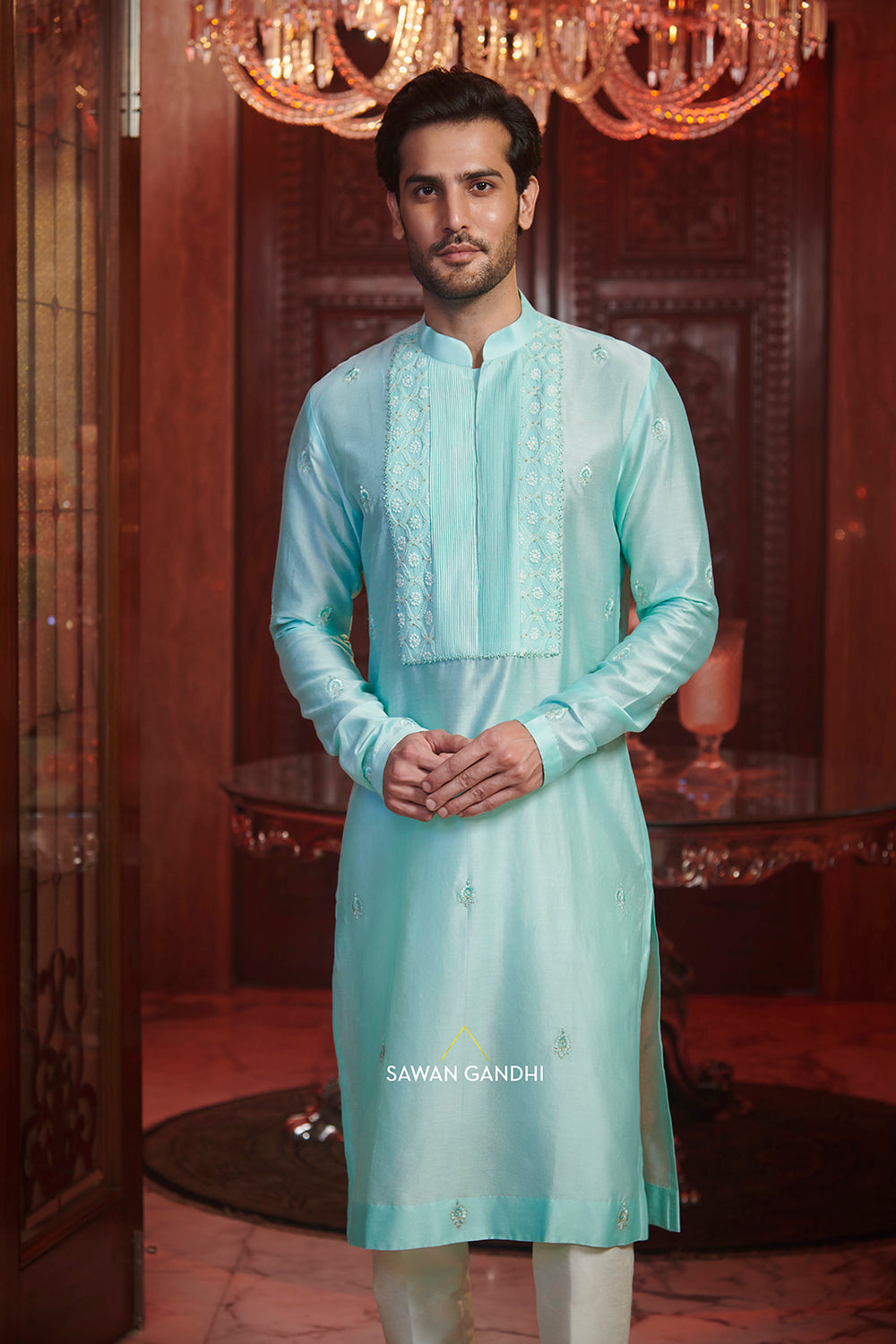 Turq kurta with chikankari yoke