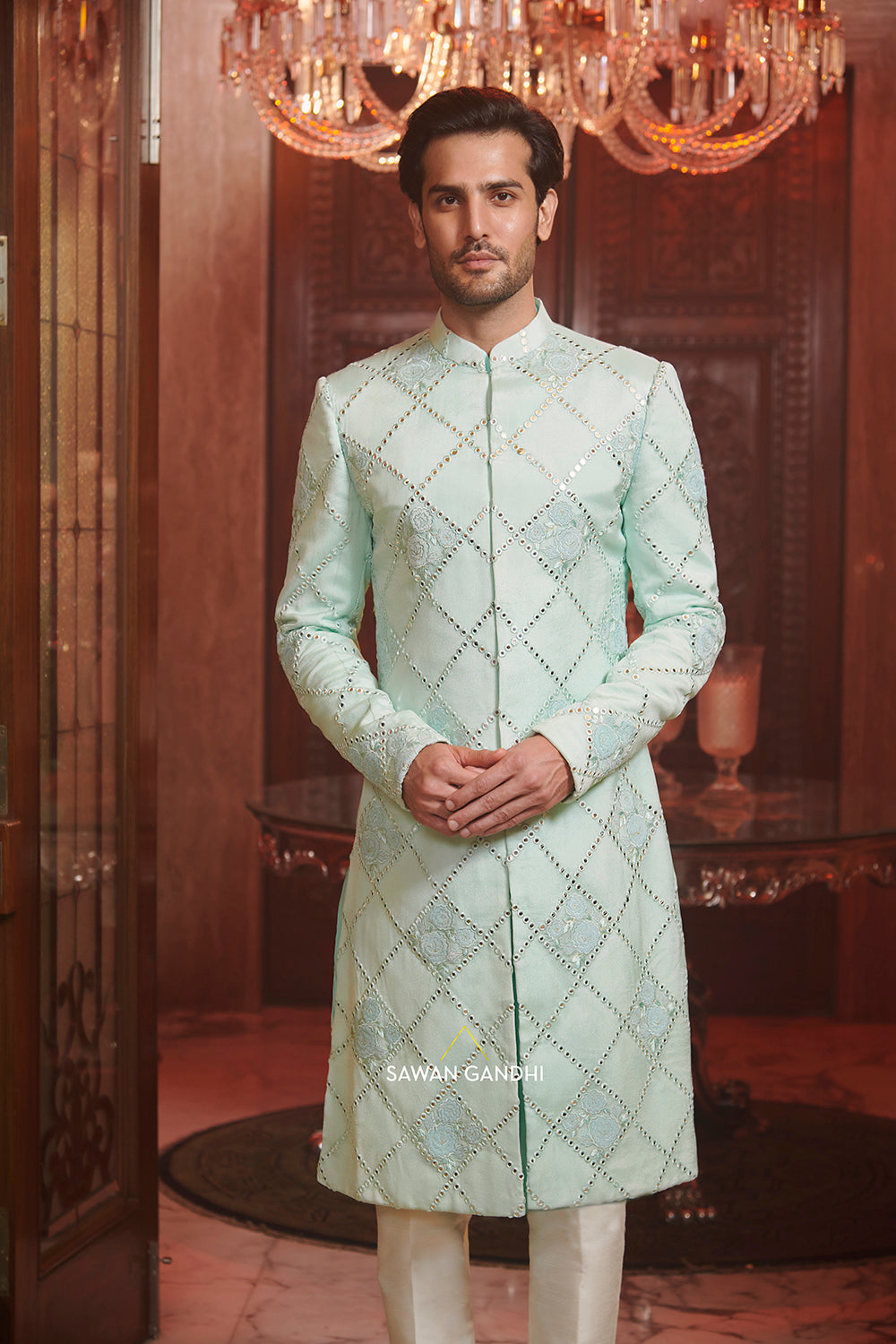 Turq mirror and applique work sherwani