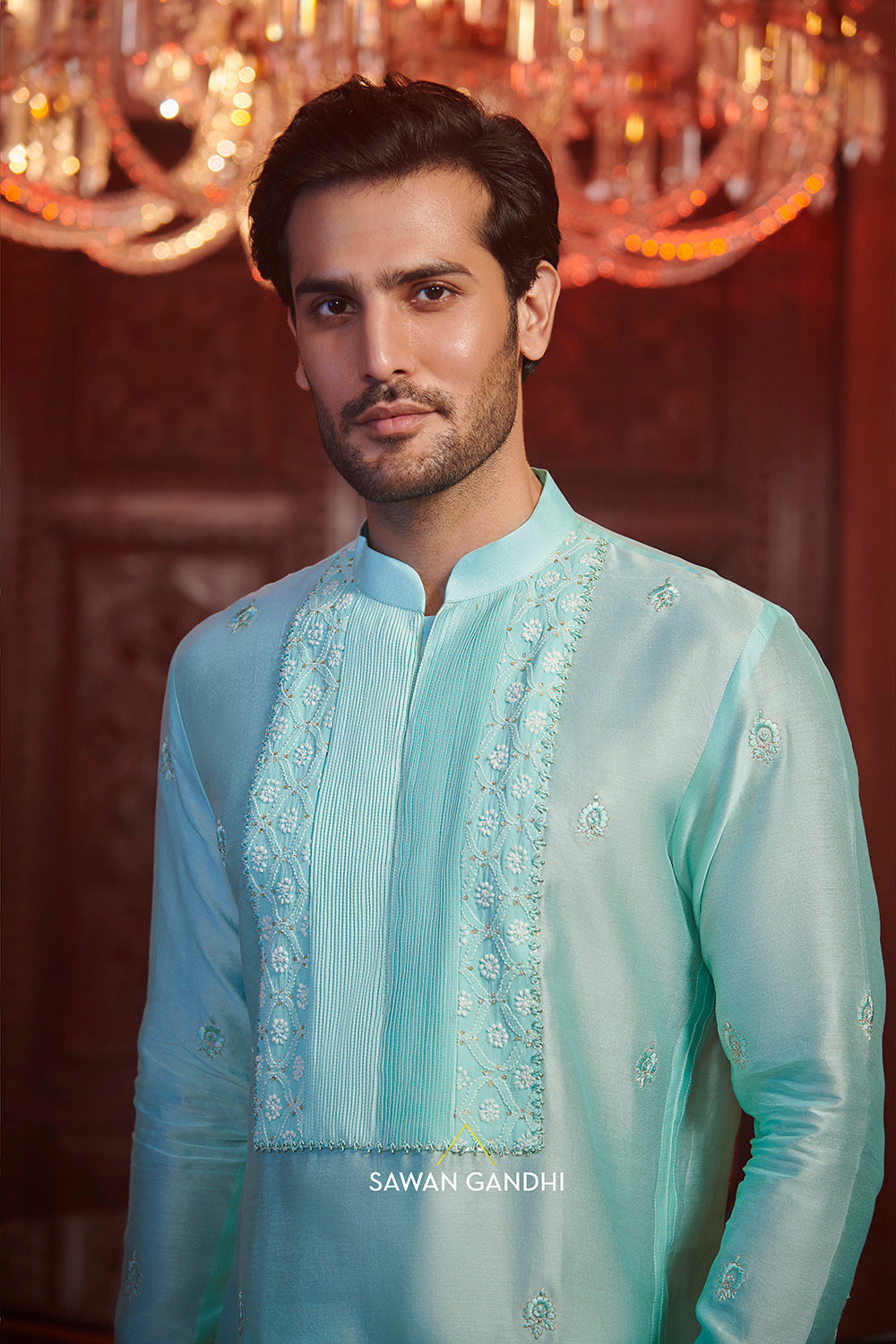 Turq kurta with chikankari yoke