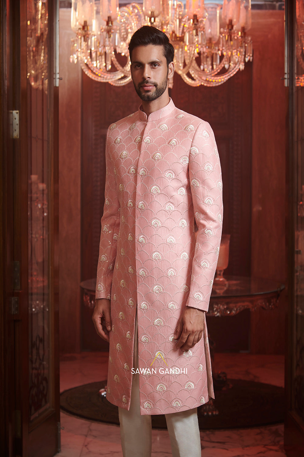 Salmon pink thread work sherwani