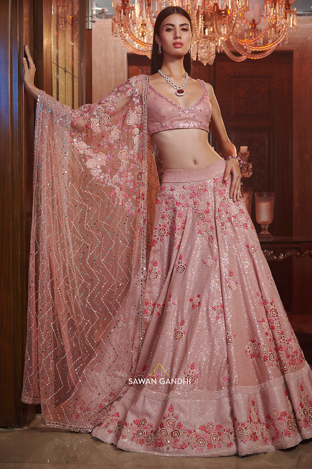Rose pink sequins lehenga