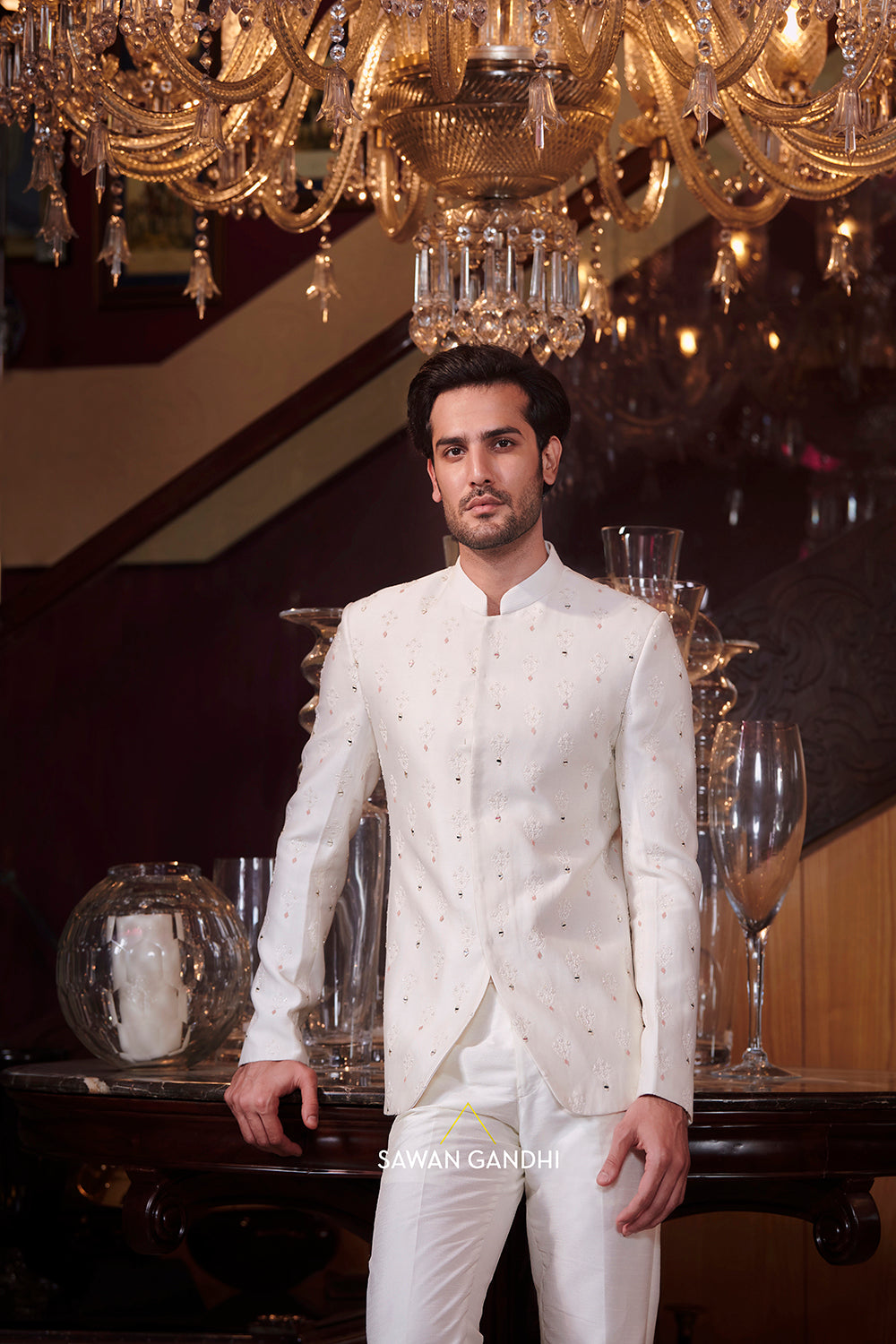 Ivory bandhgala with cross stitch
