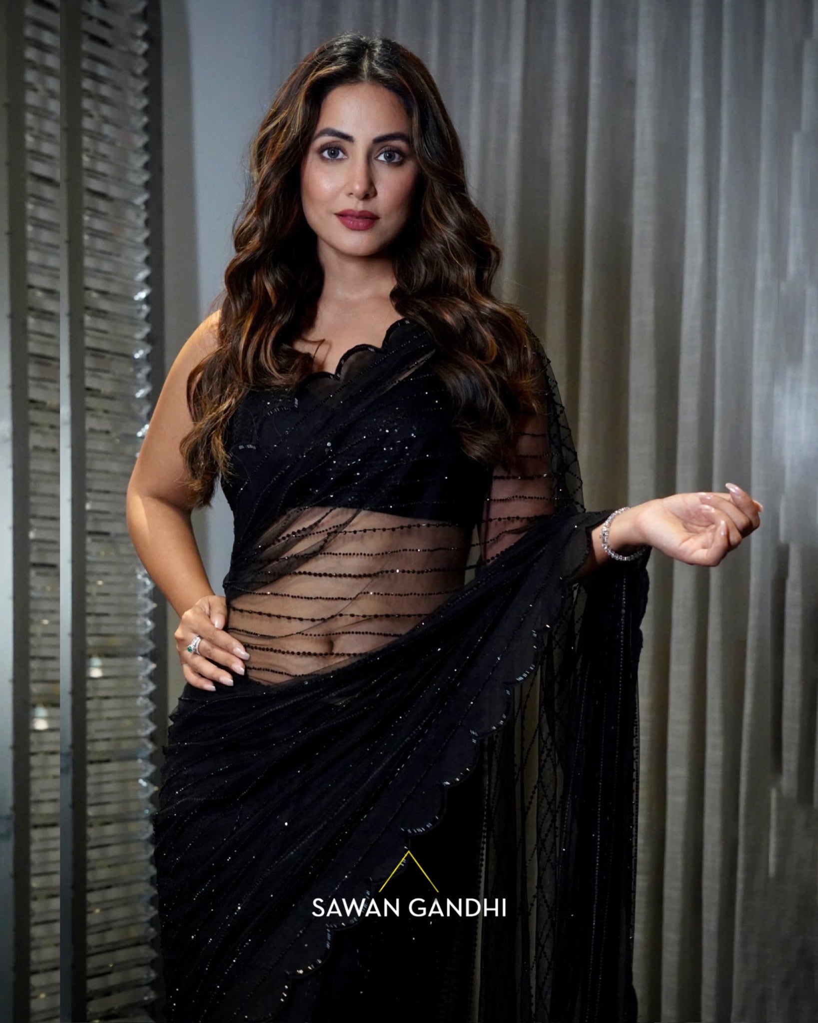 Hina Khan in Black crystal saree set