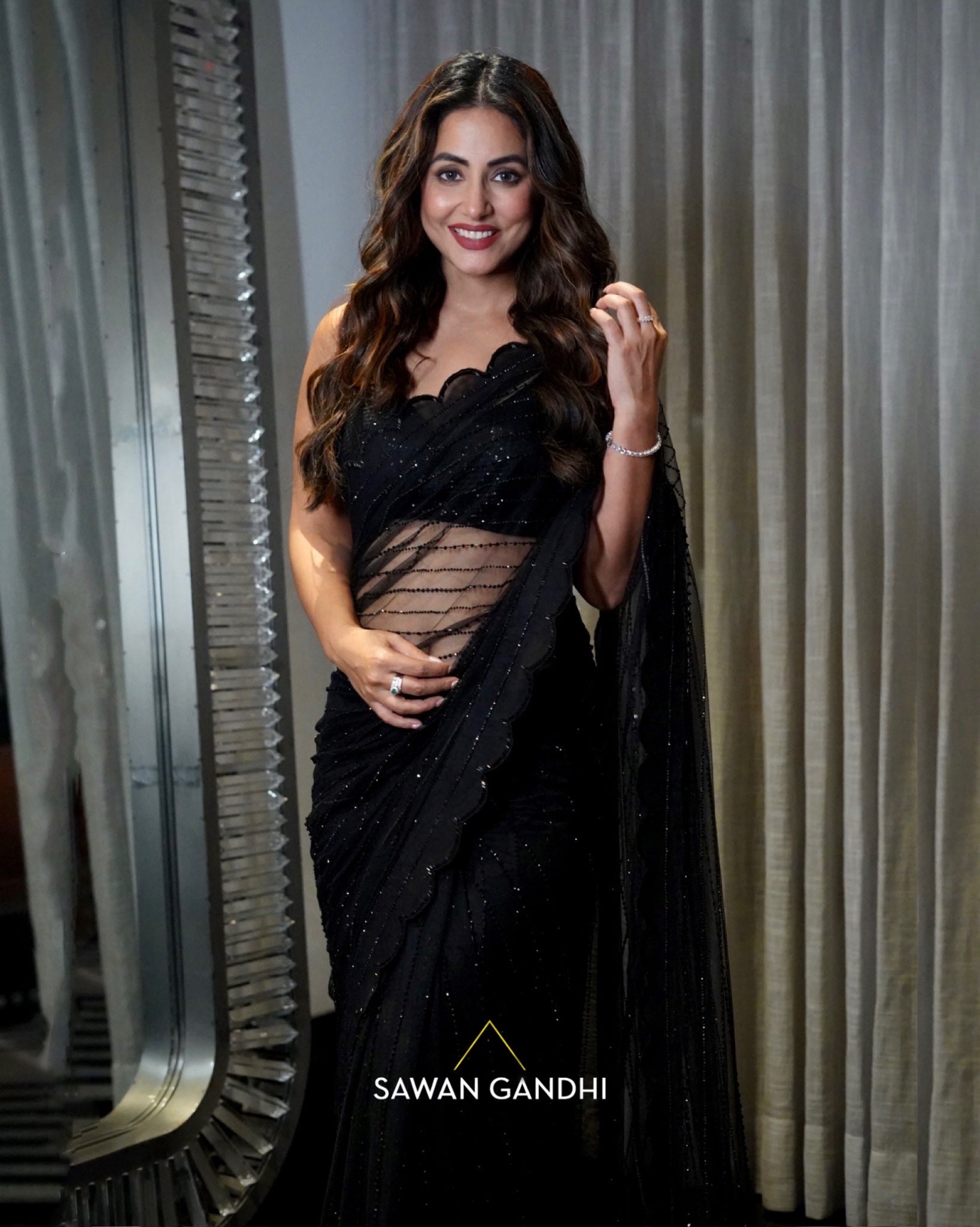 Hina Khan in Black crystal saree set