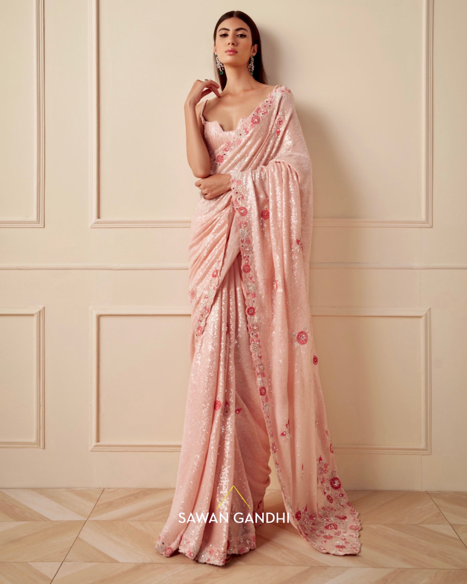Peach appliqué sequins saree