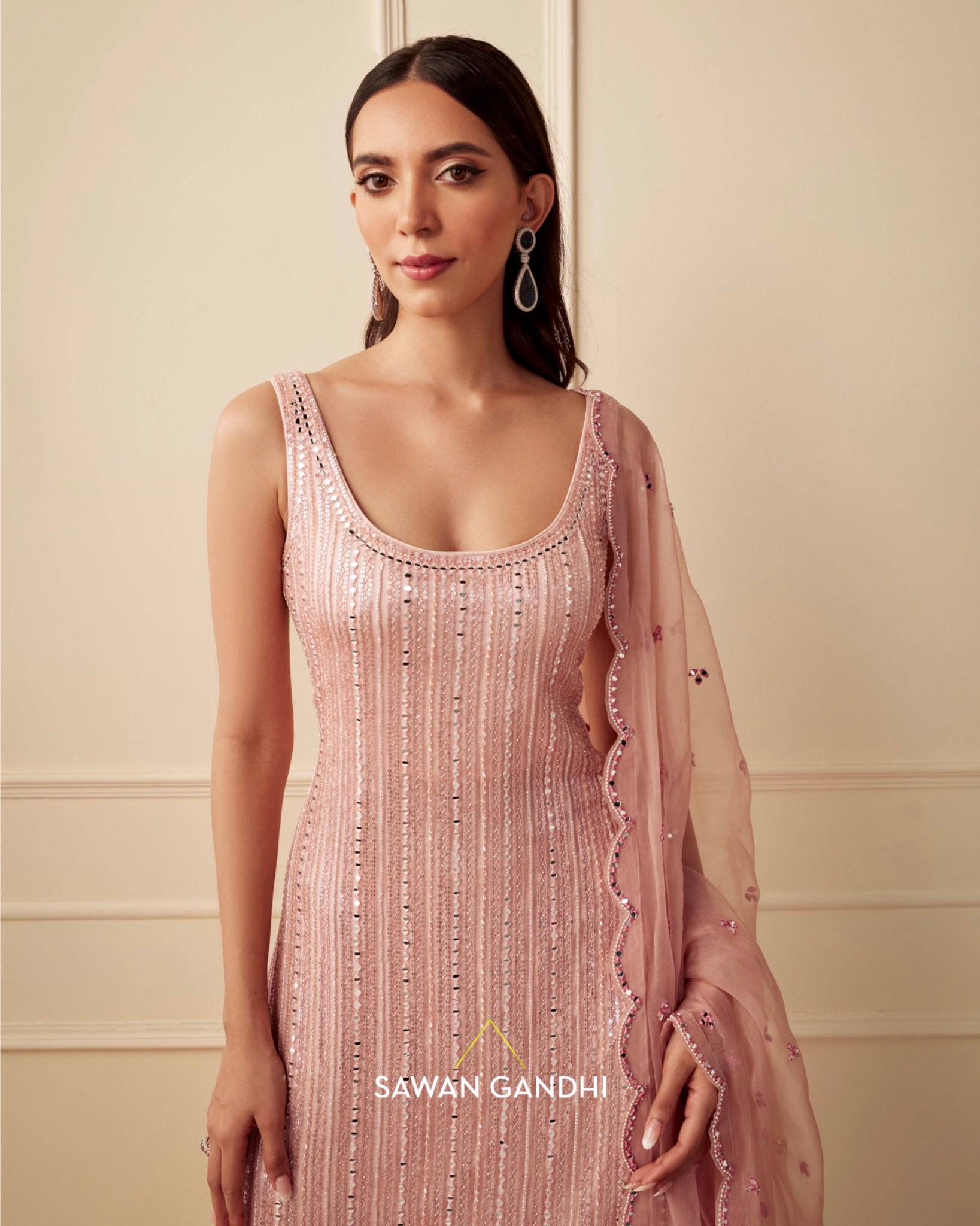 Rose gold mirror work suit set