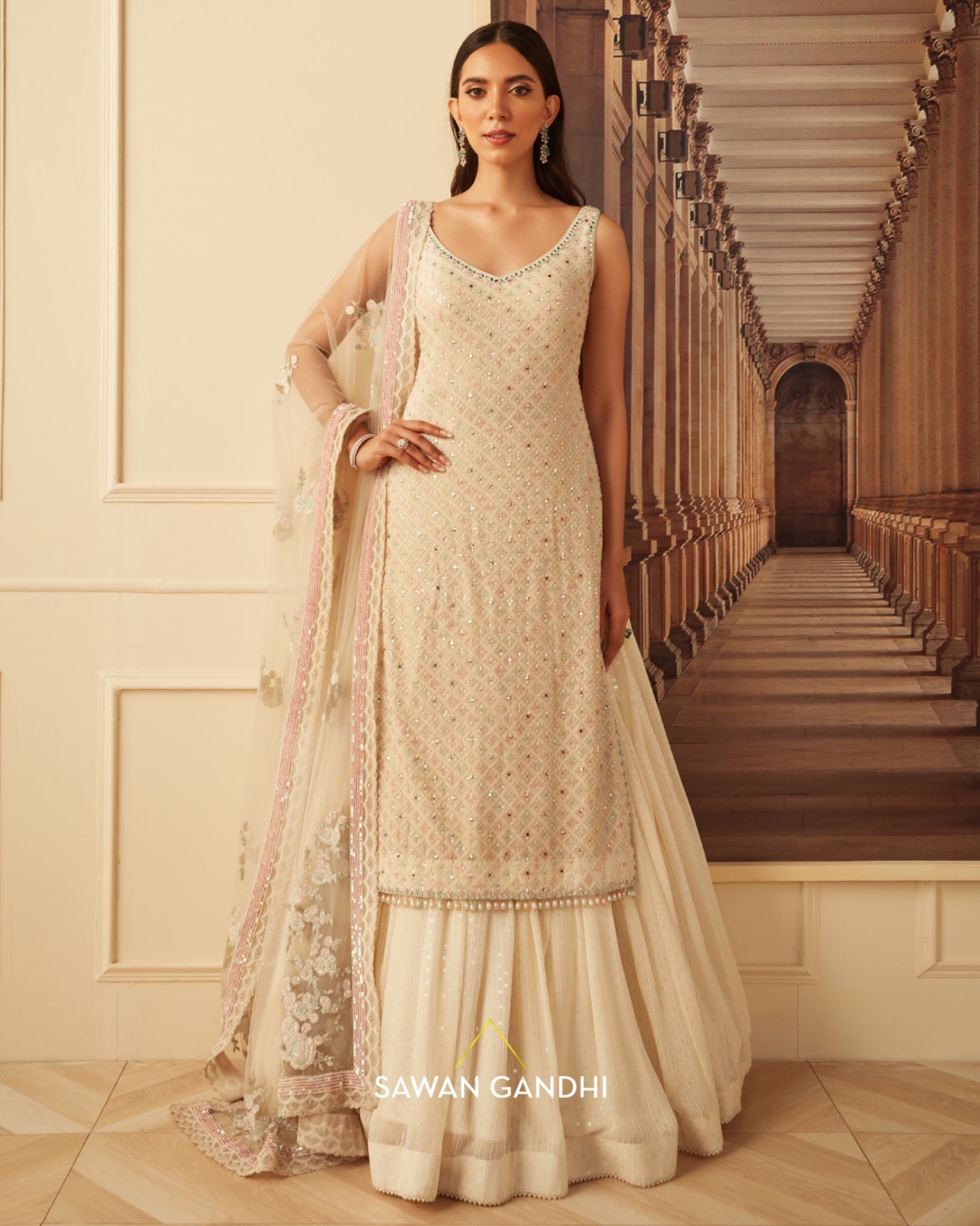 Ivory chikankari multicolour sequins suit set
