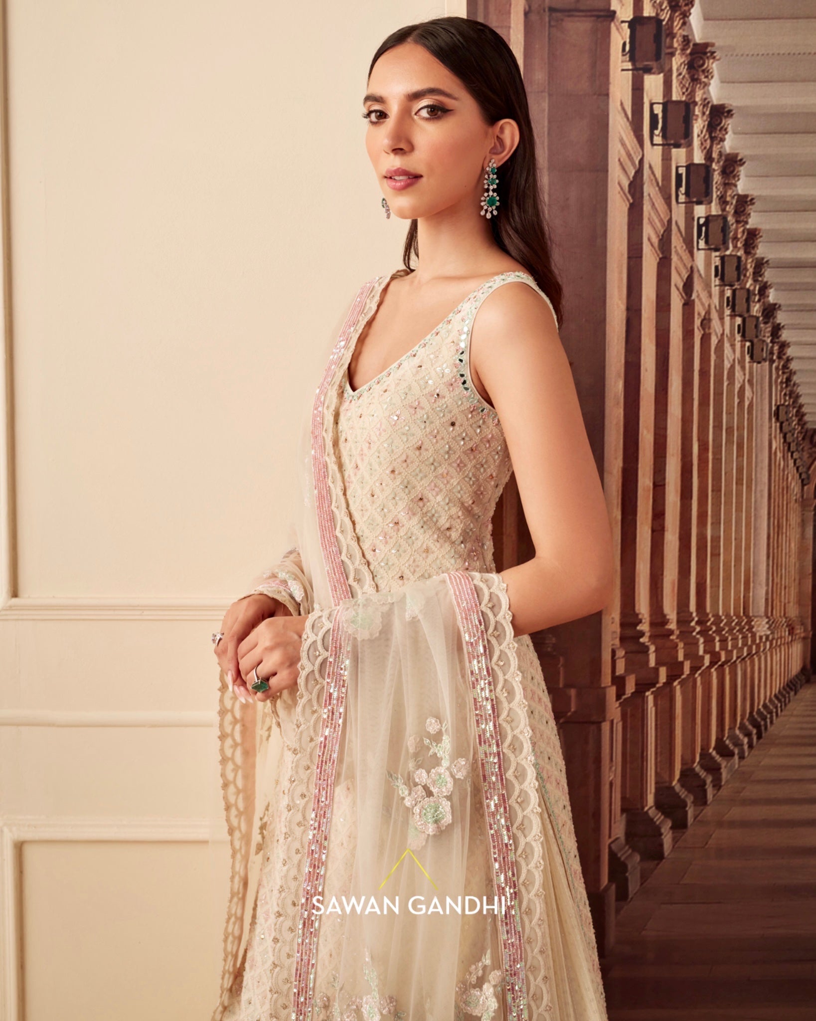 Ivory chikankari multicolour sequins suit set