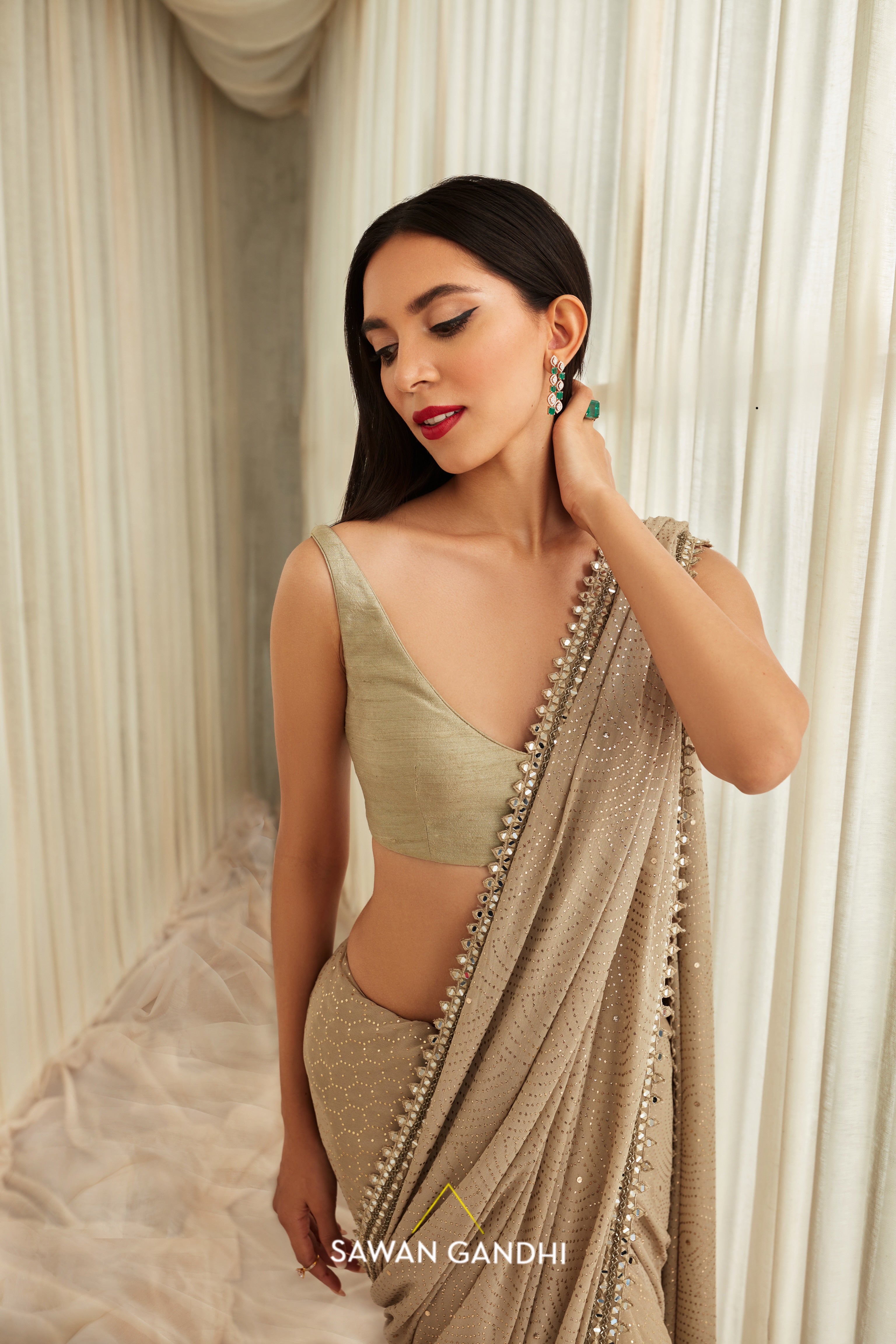 Pistachio cloud pattern mukaish work saree set