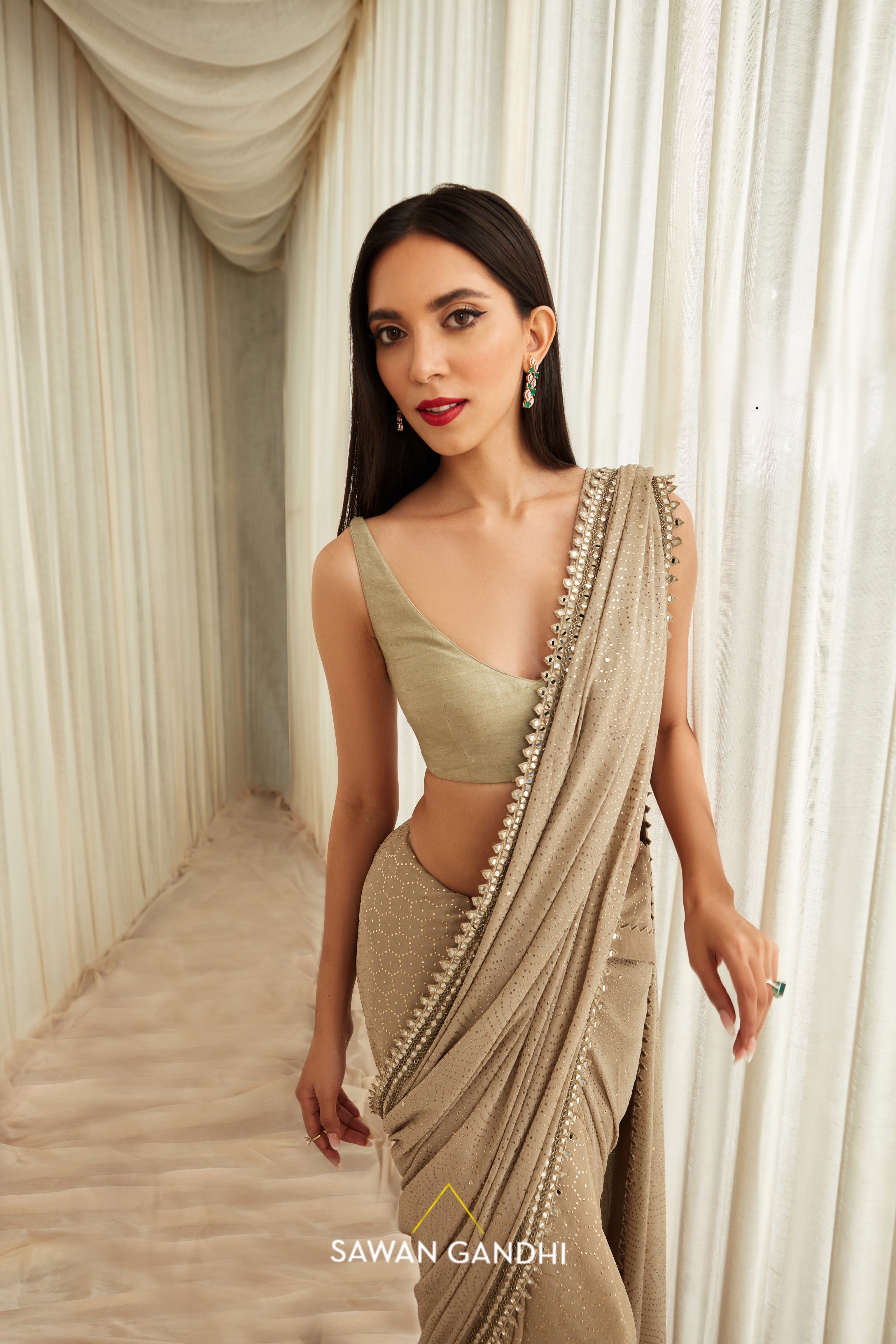 Pistachio cloud pattern mukaish work saree set