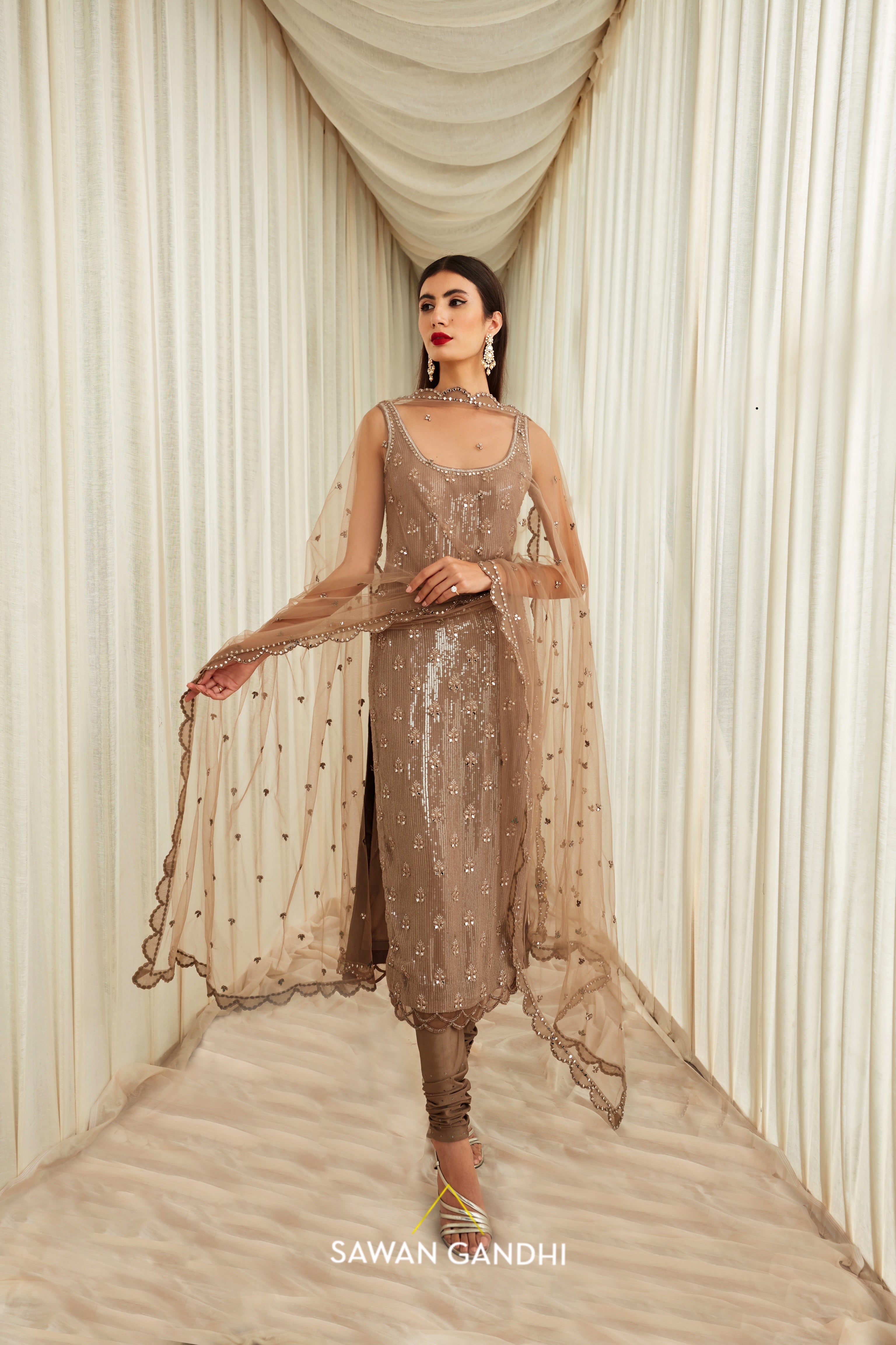 Taupe sequins and mirror work suit set