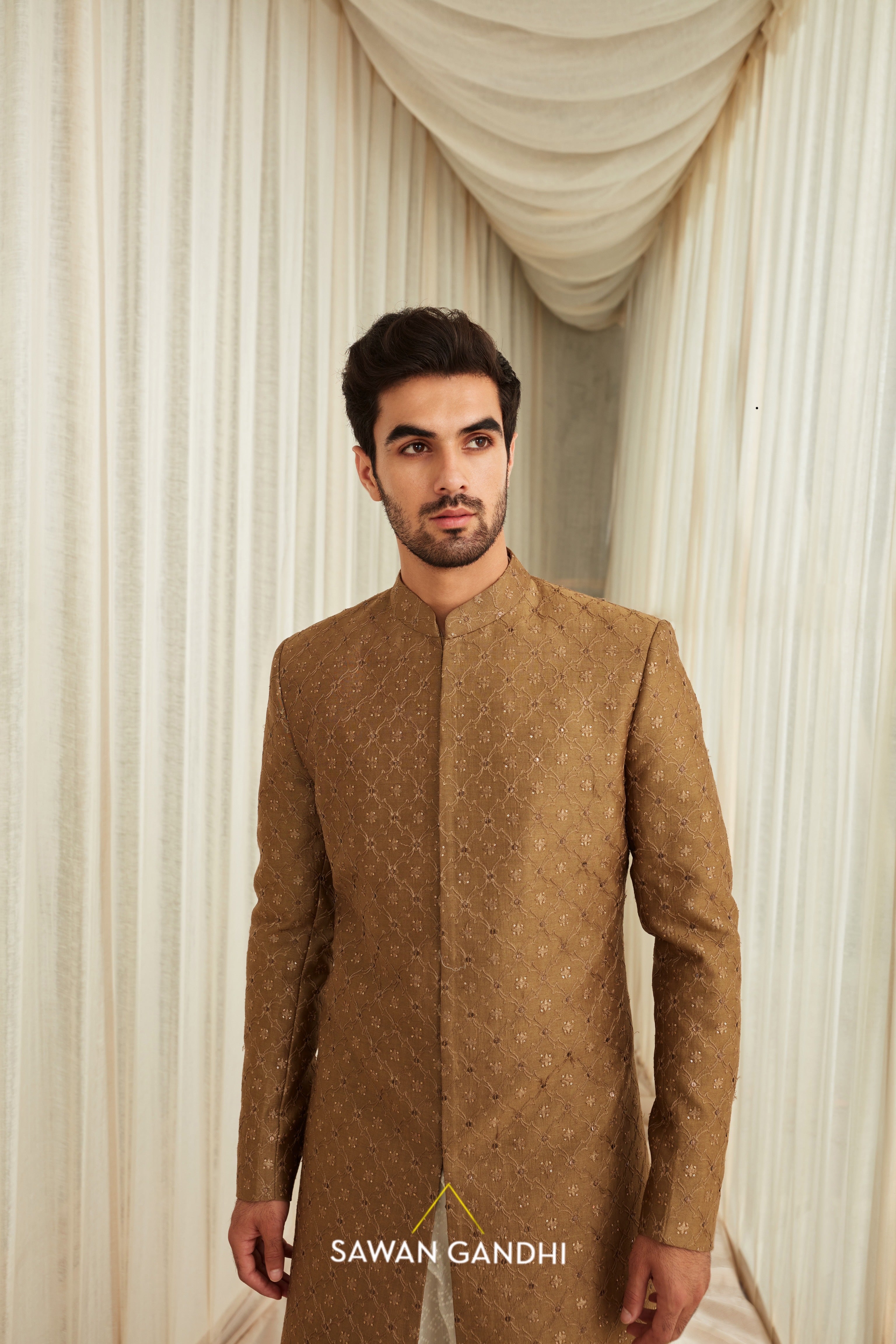 Coffee gold self work sherwani