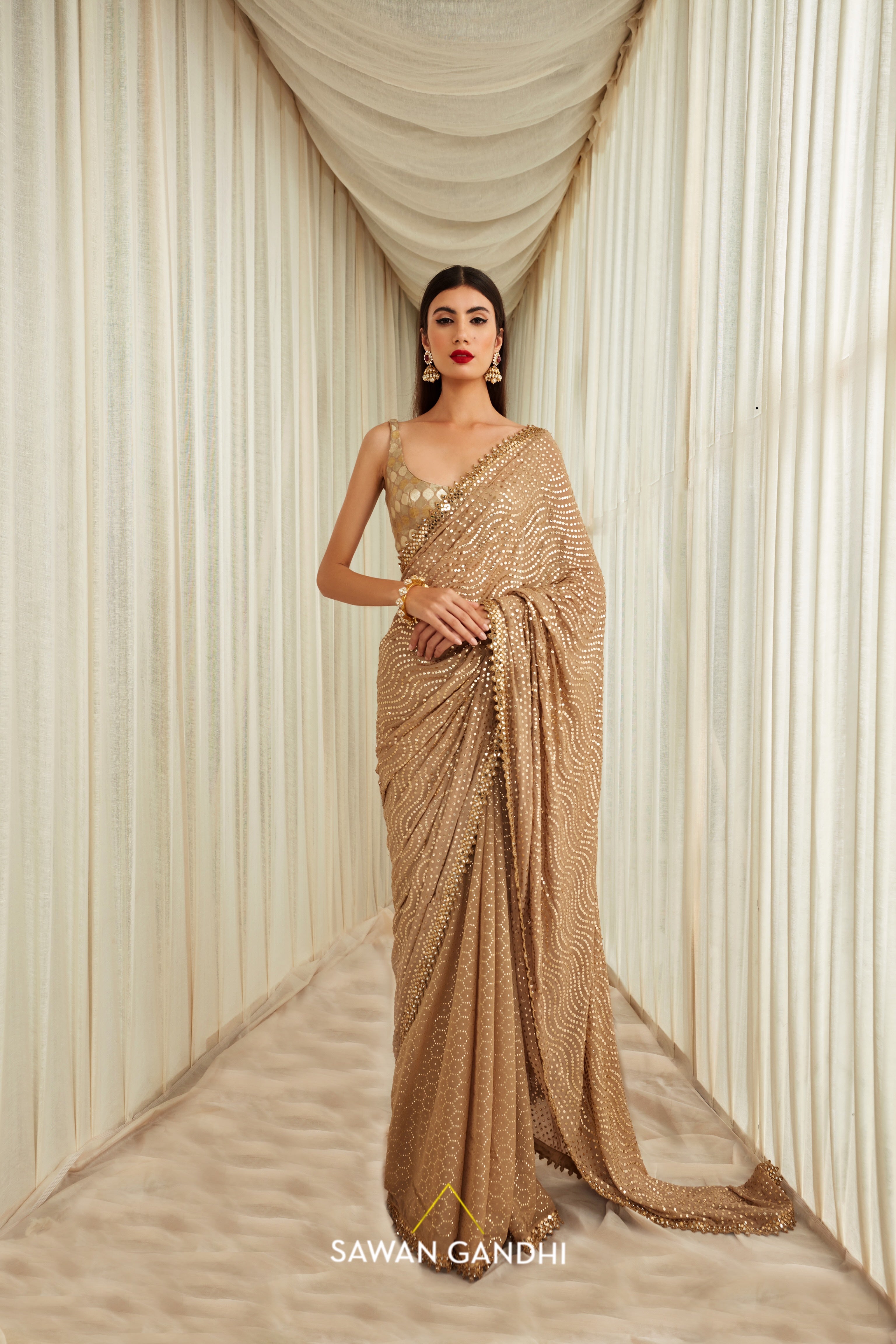 Golden mukaish saree set