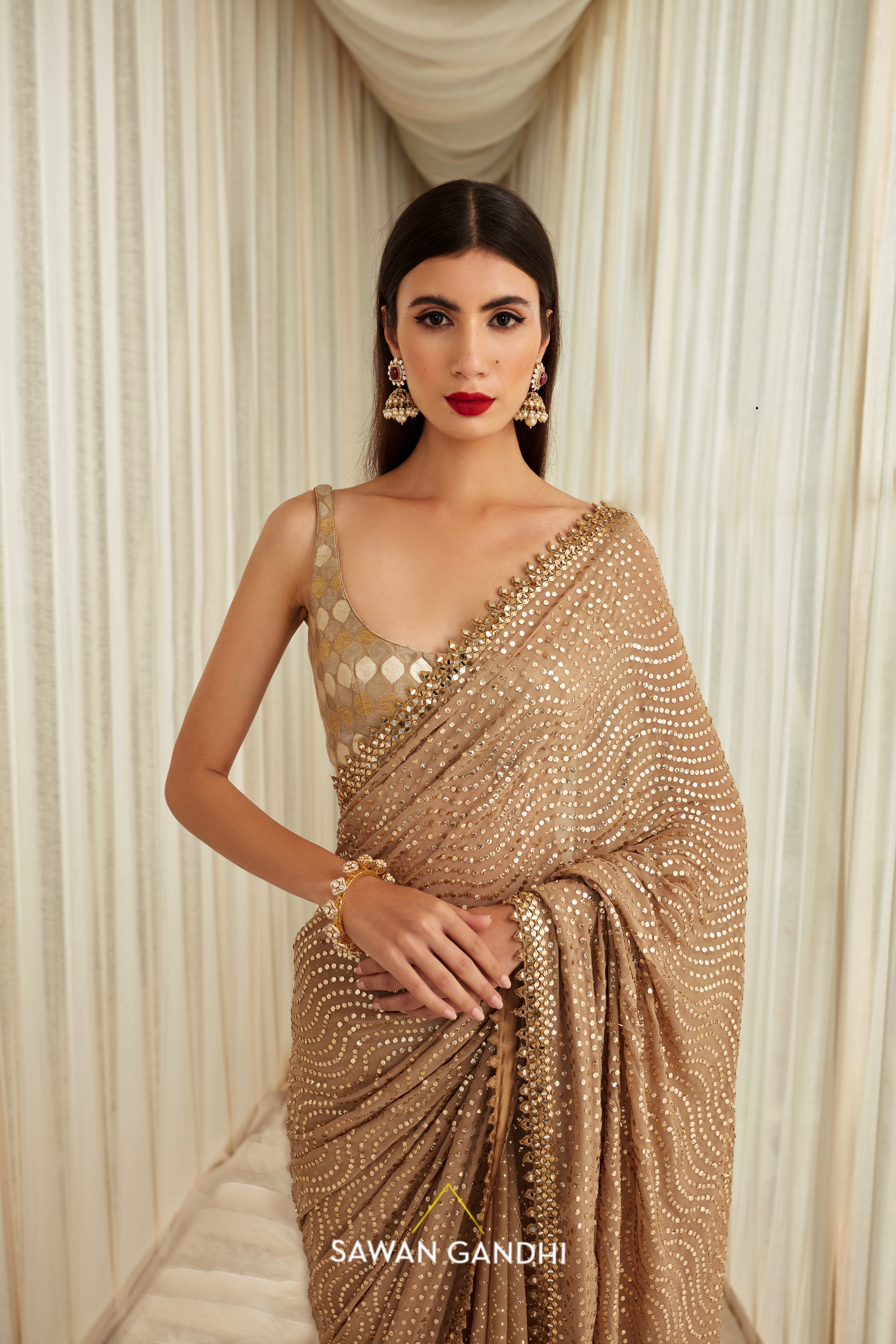 Golden mukaish saree set
