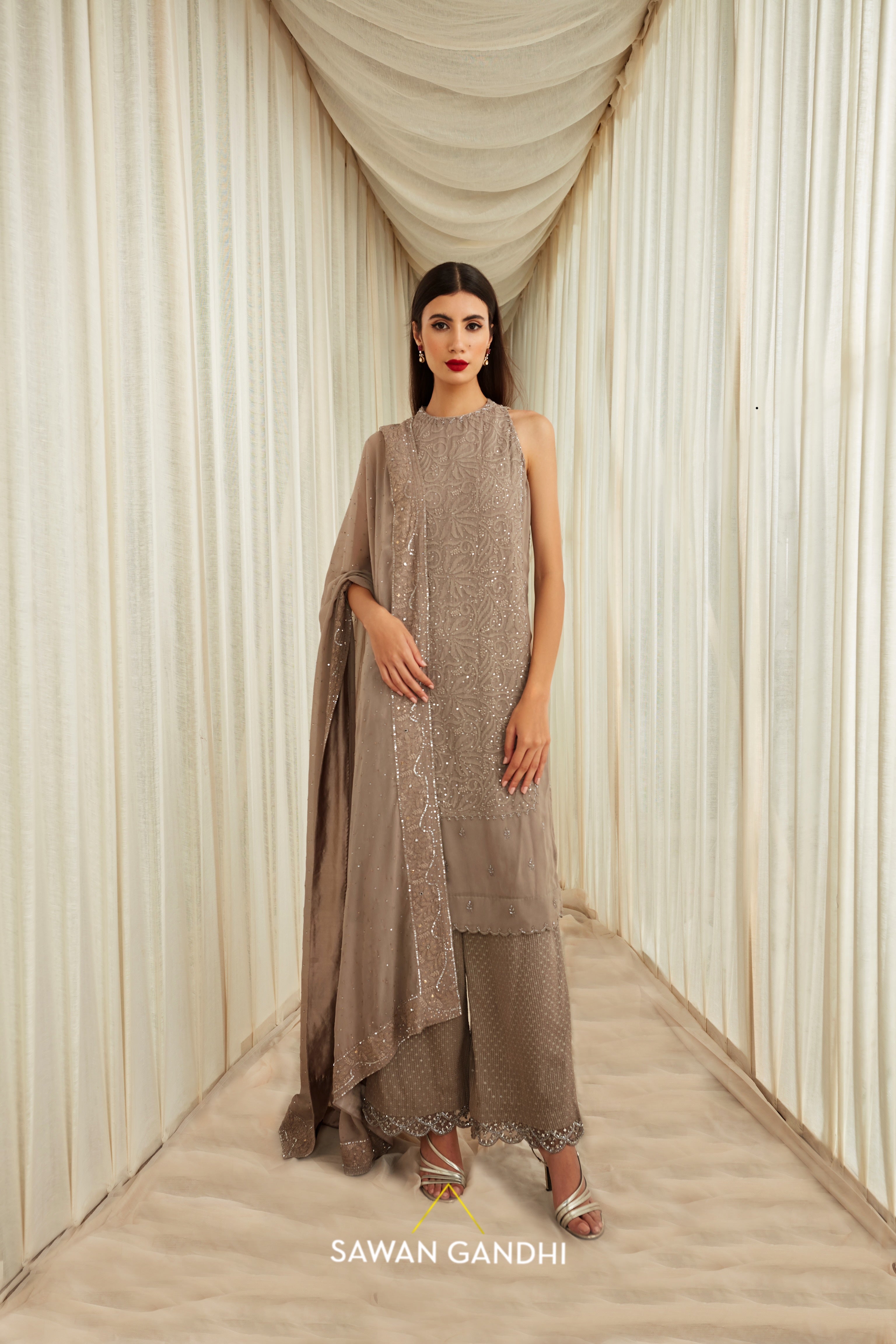 Taupe Chikankari straight suit