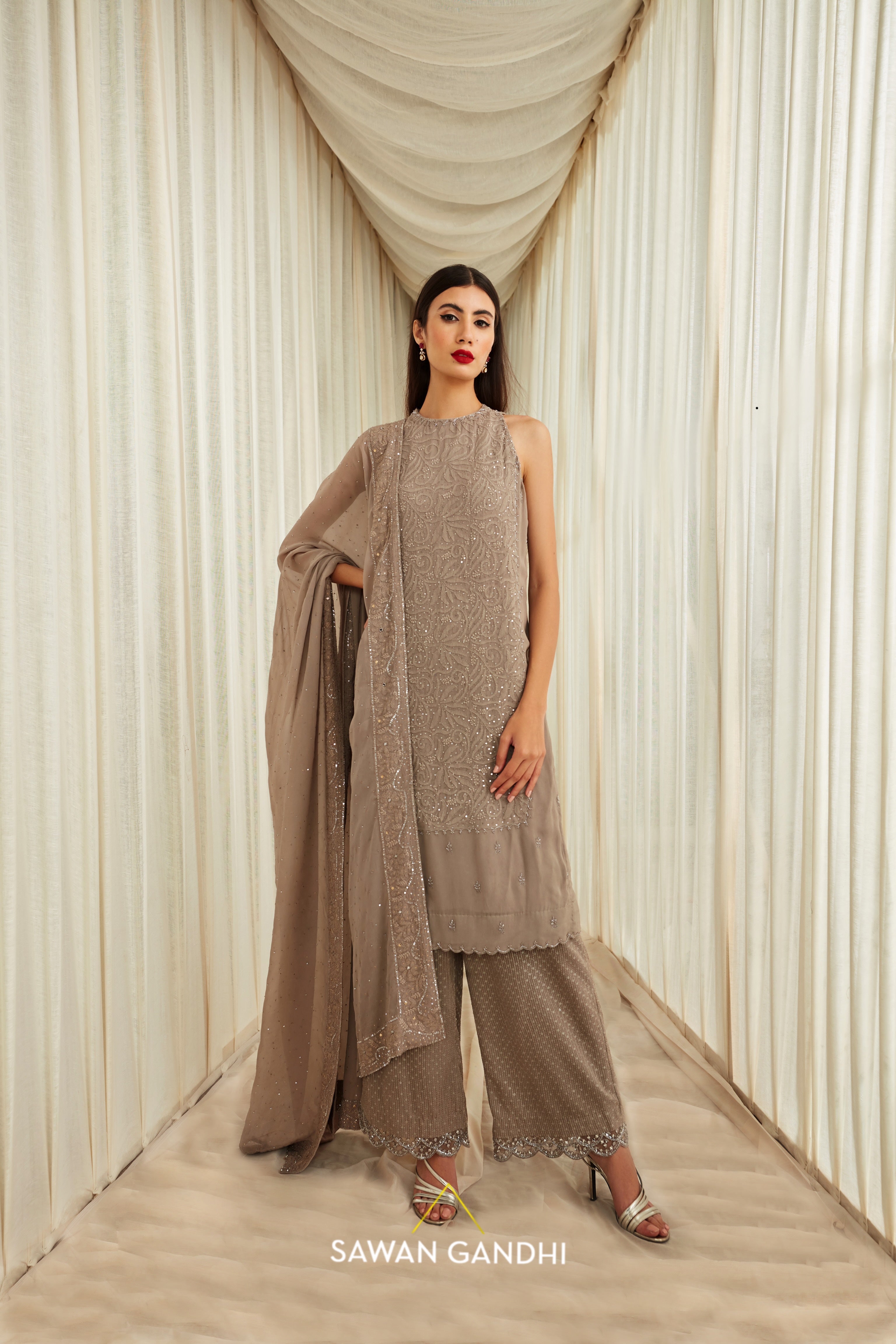 Taupe Chikankari straight suit