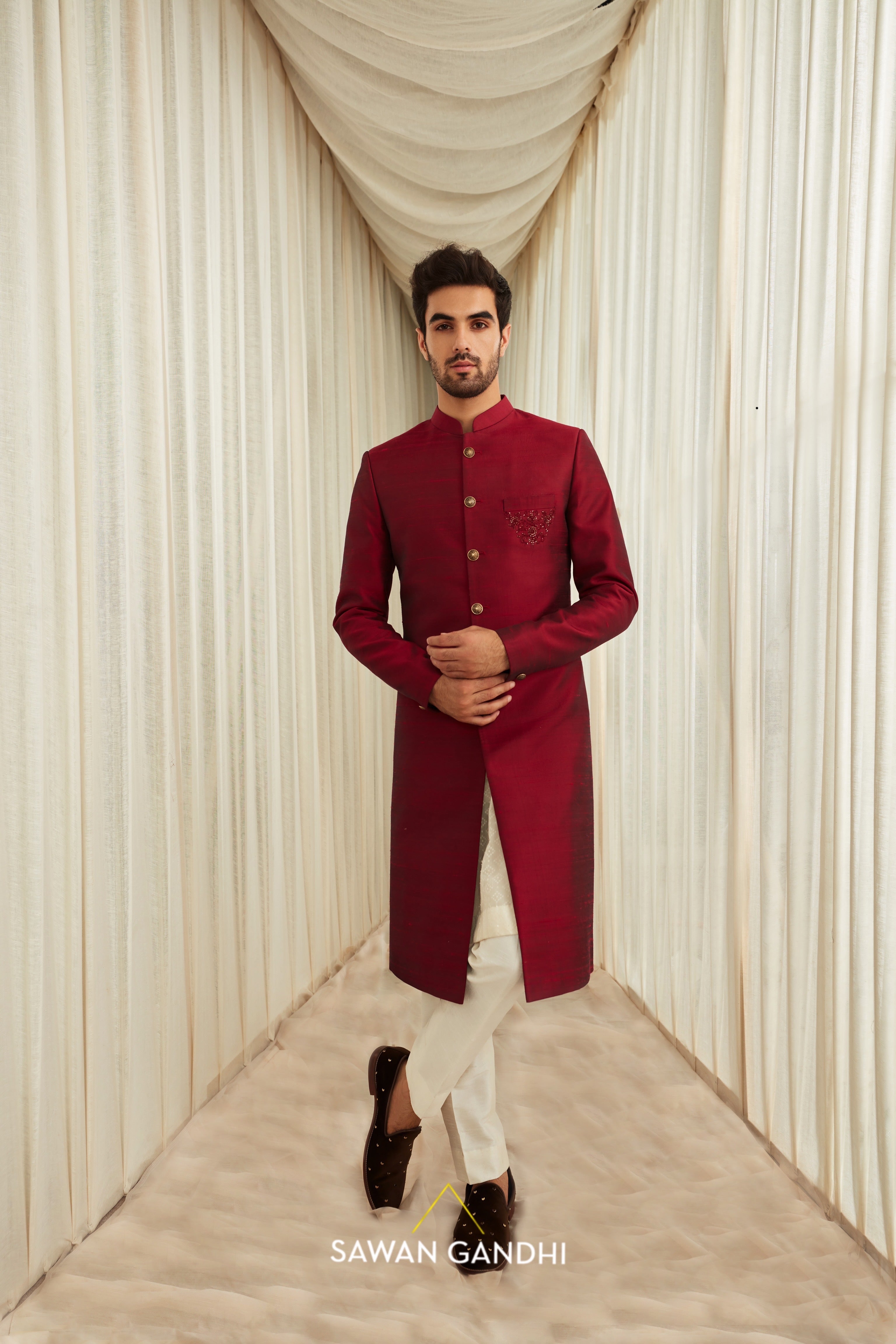 Maroon raw silk sherwani