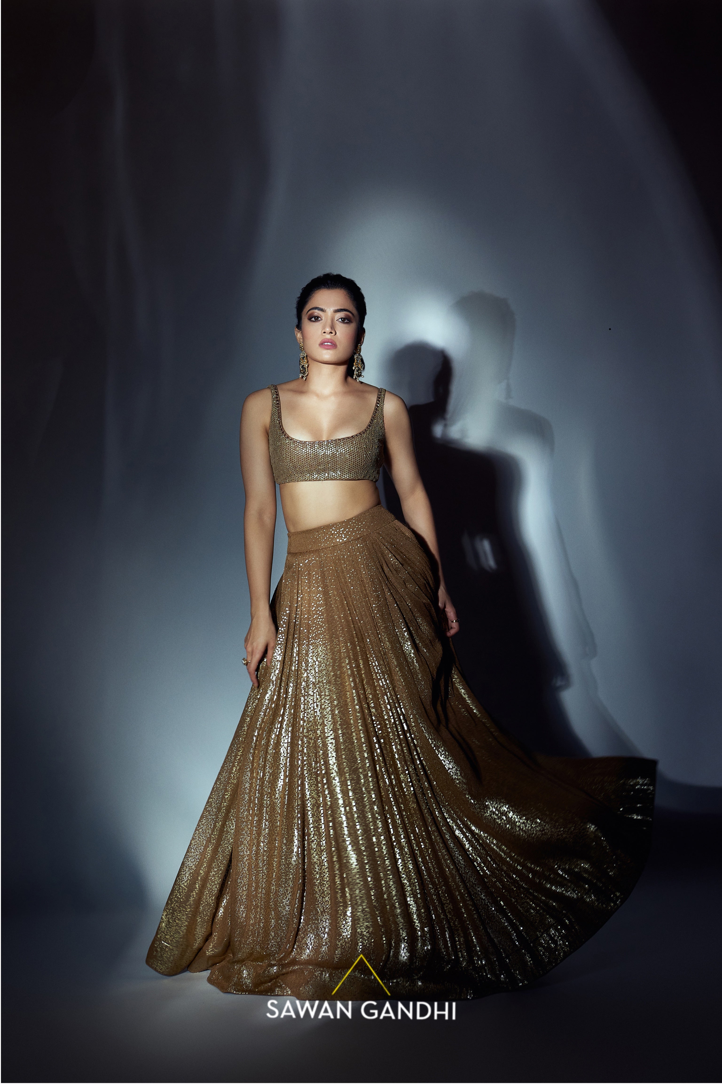Rashmika Mandanna in Coffee gold sequins lehnga set
