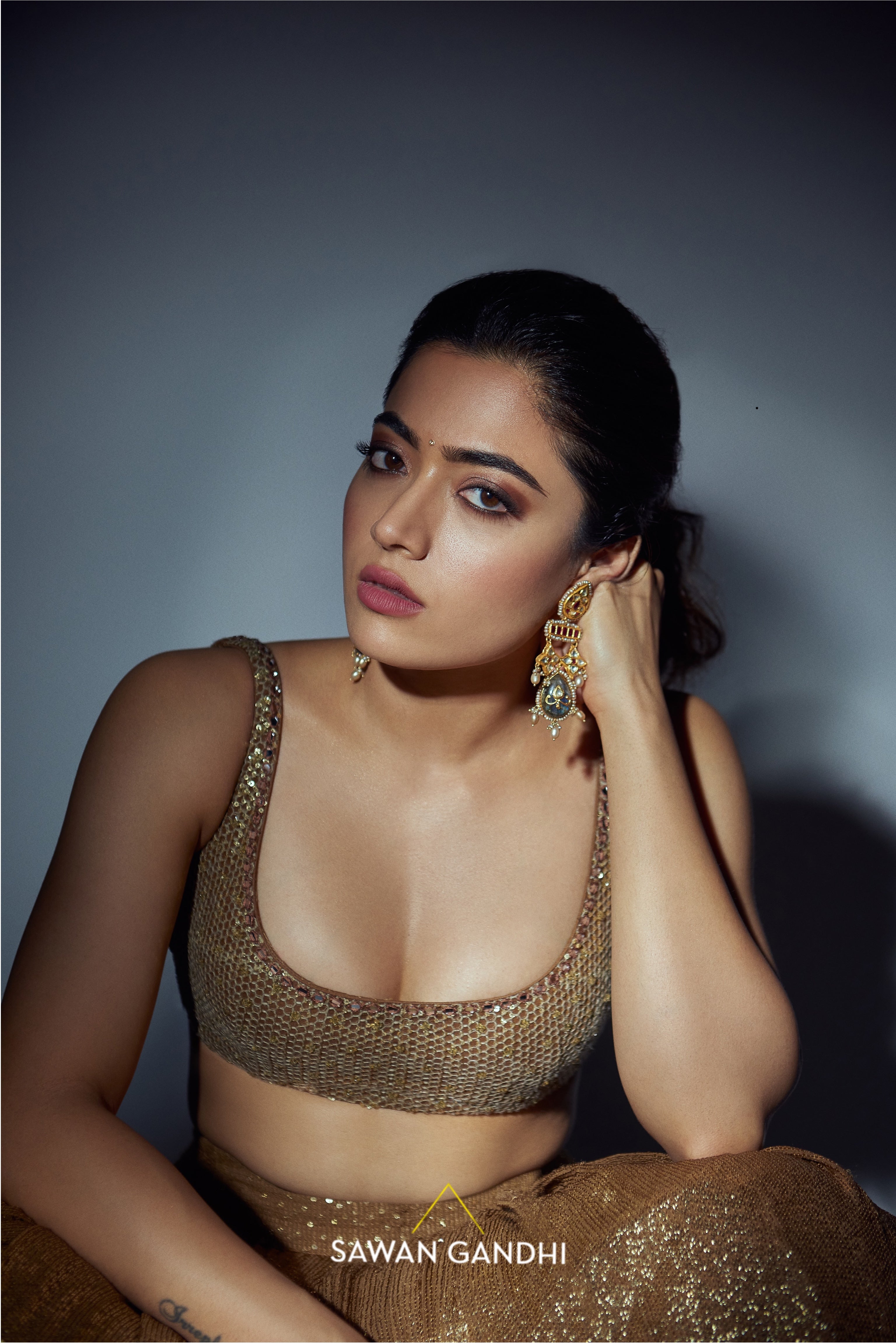 Rashmika Mandanna in Coffee gold sequins lehnga set