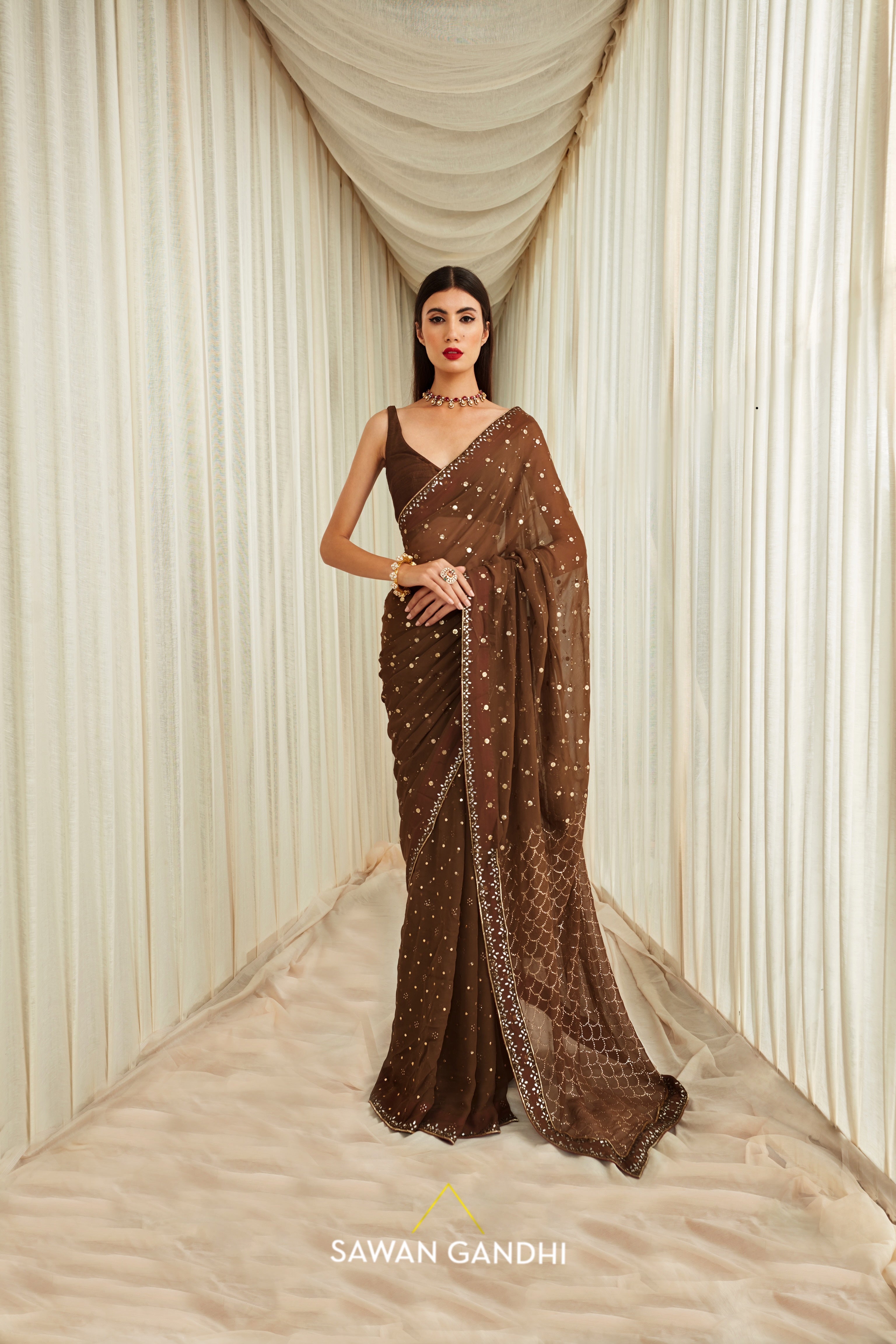 Coffee mukaish work saree set