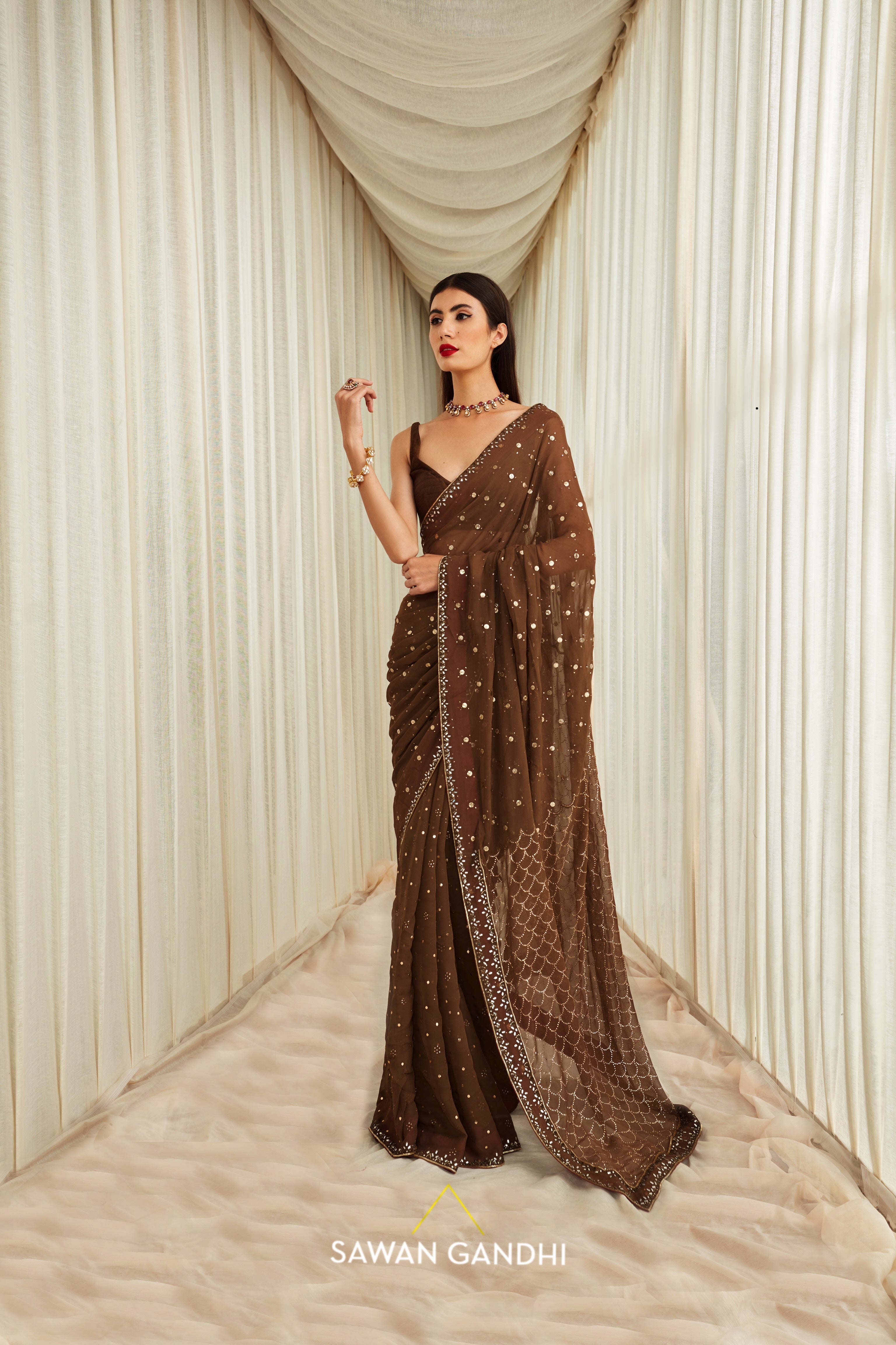 Coffee mukaish work saree set