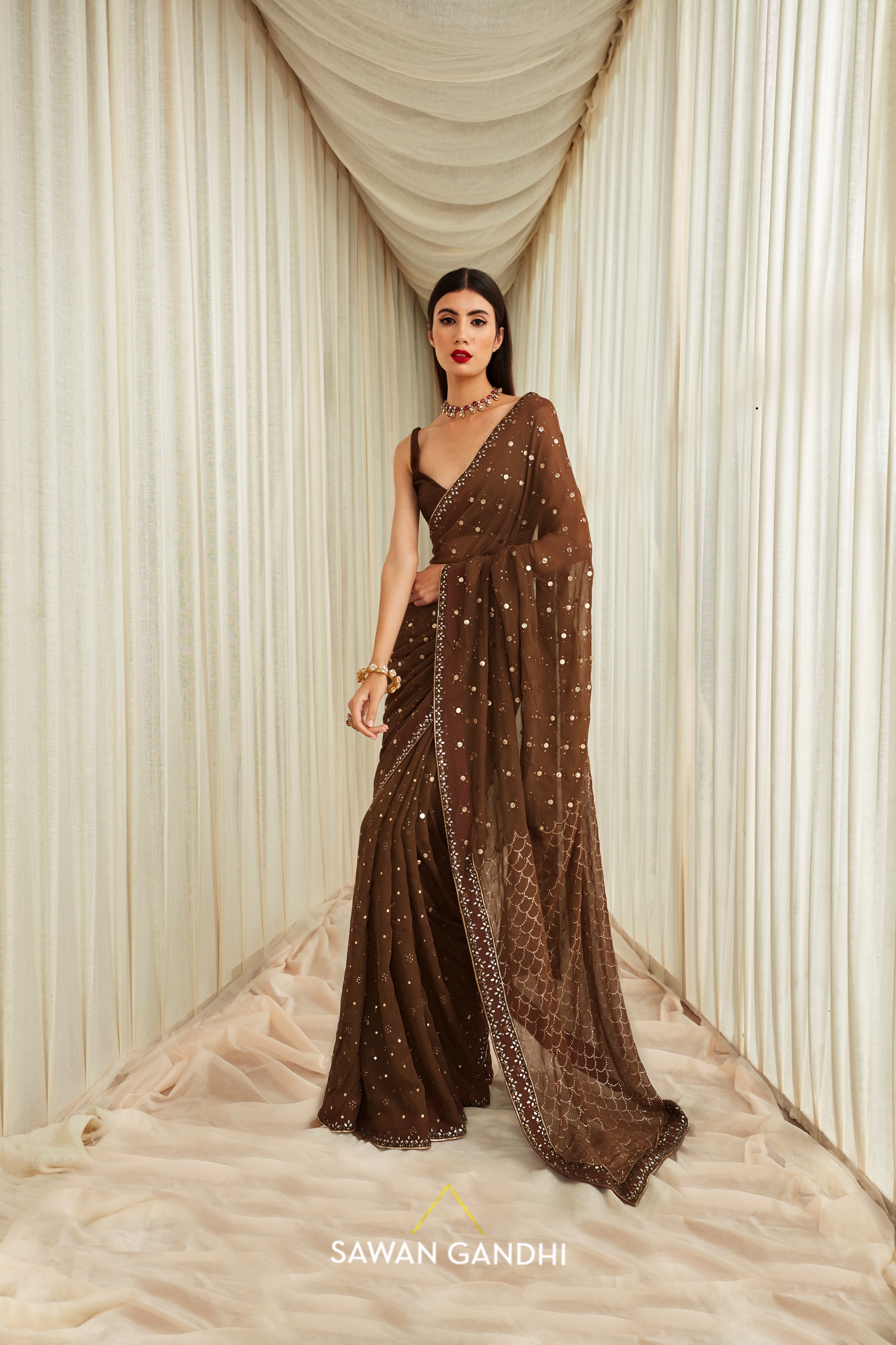 Coffee mukaish work saree set