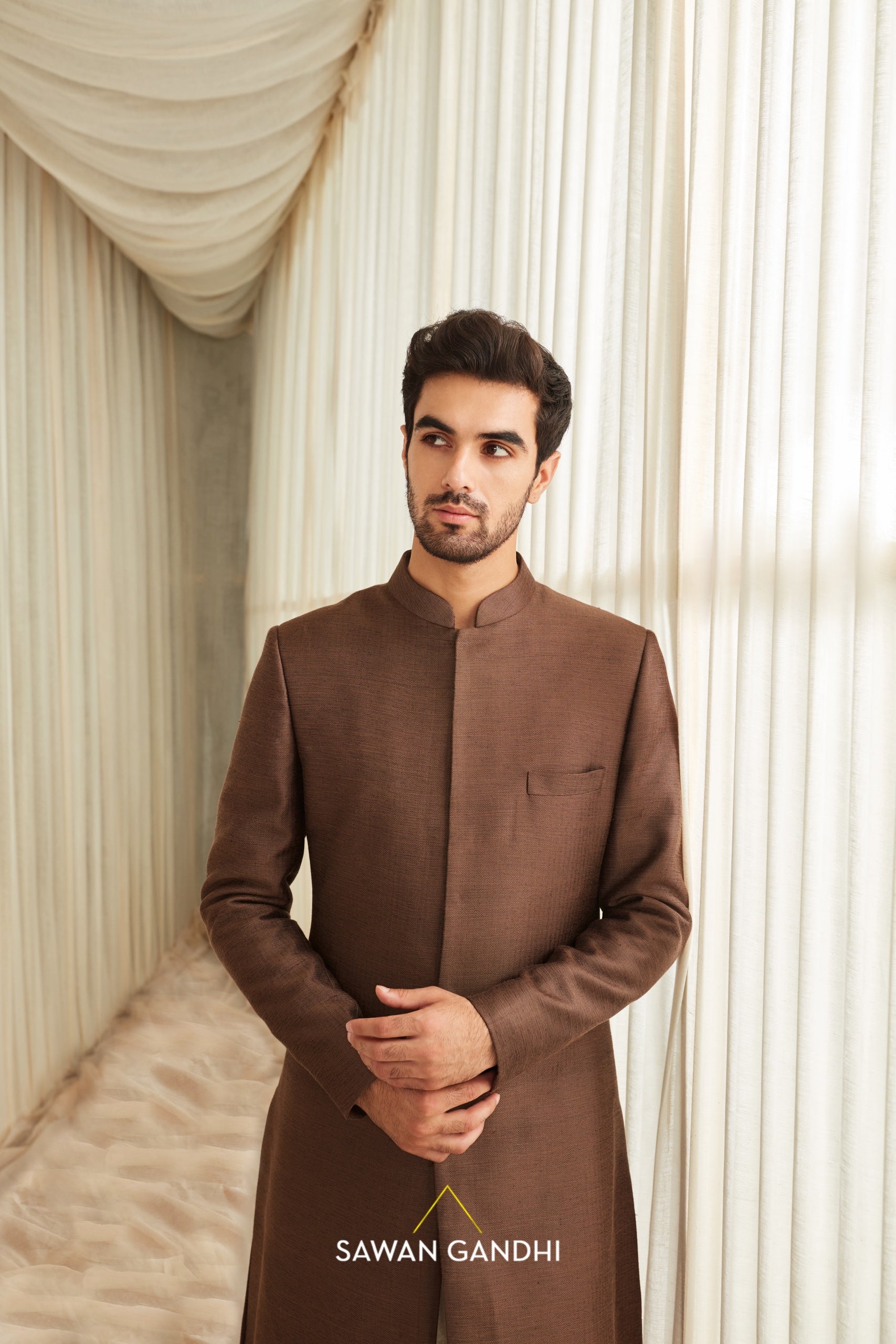 Coffee moga silk sherwani
