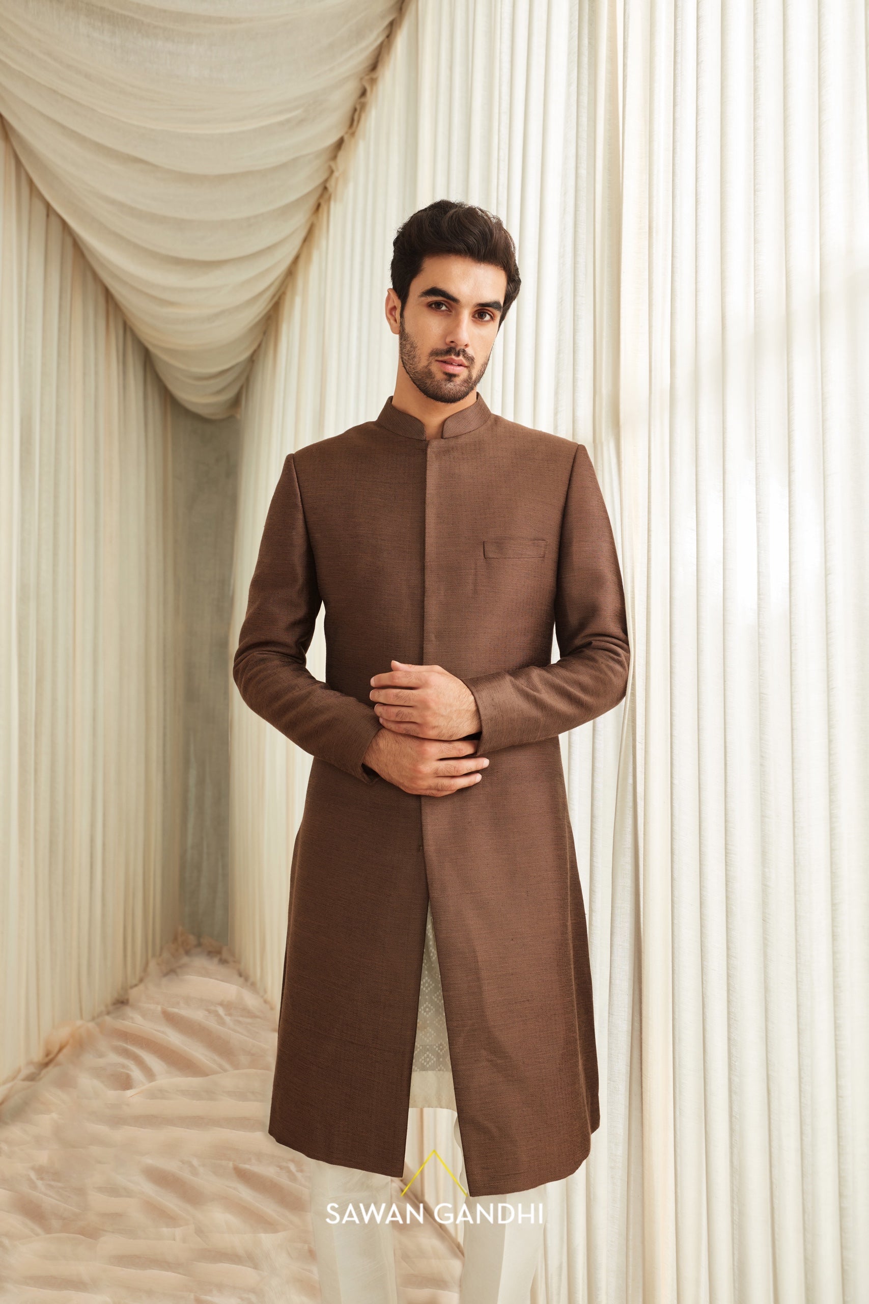 Coffee moga silk sherwani