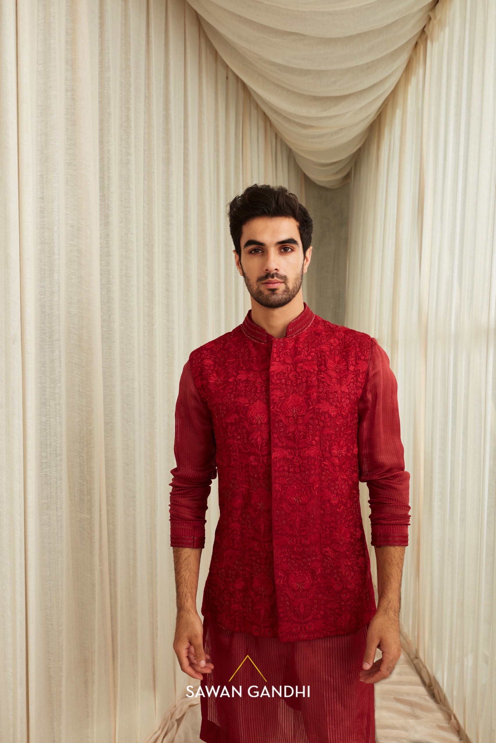 Red Self work Nehru set