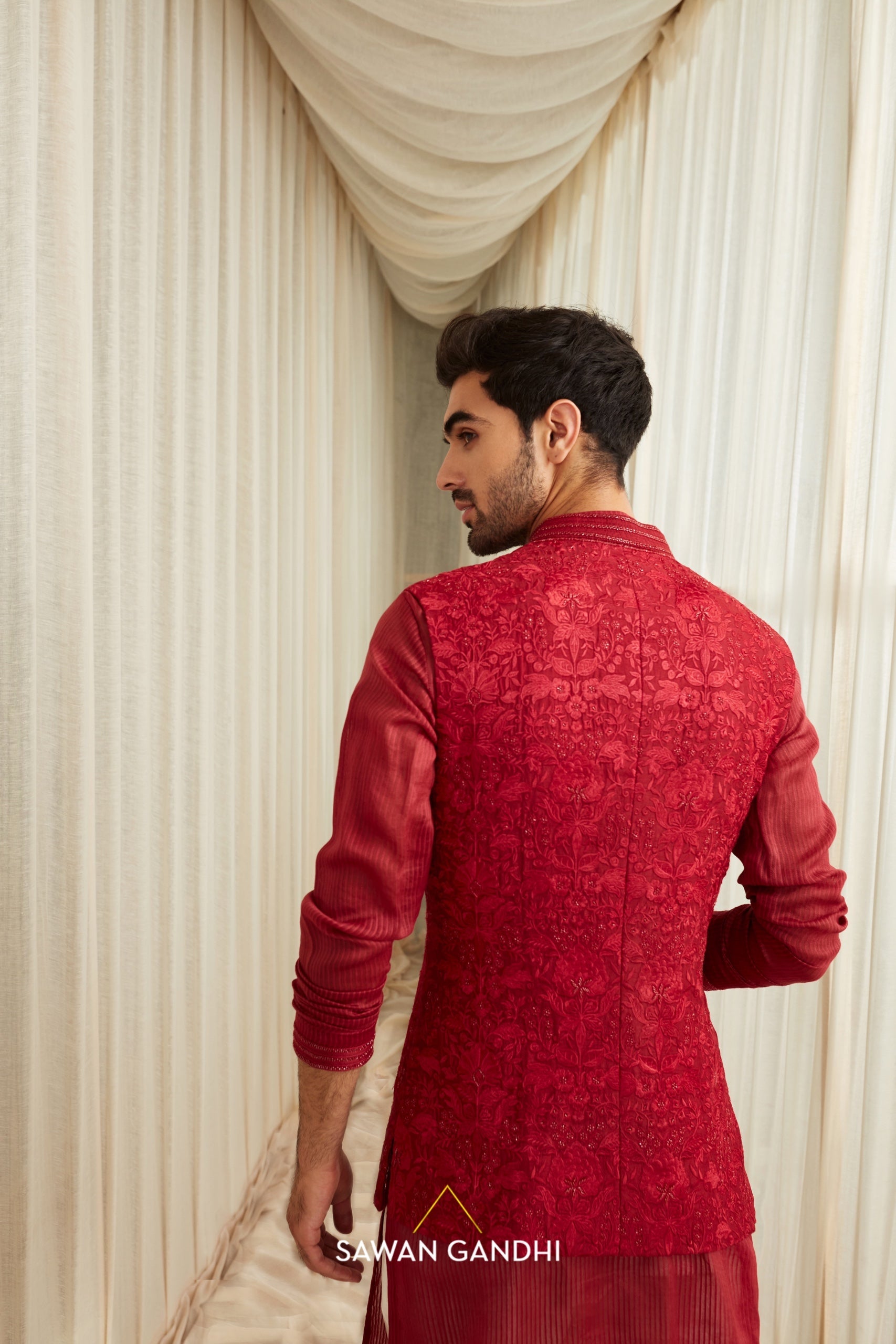 Red Self work Nehru set