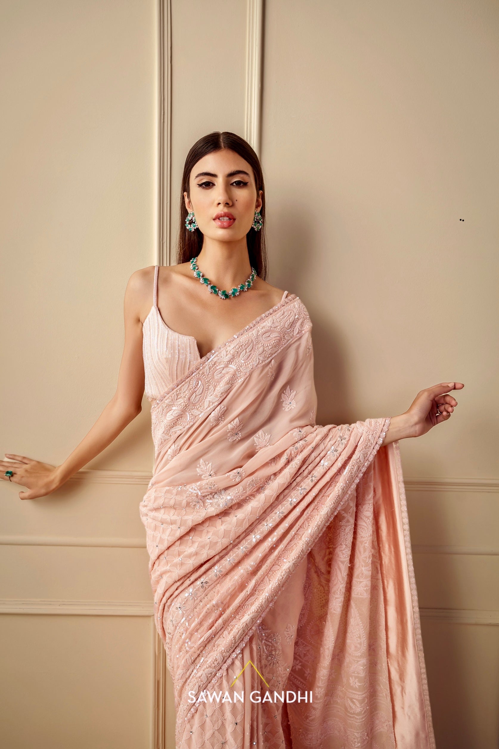 Peach Chikankari saree set