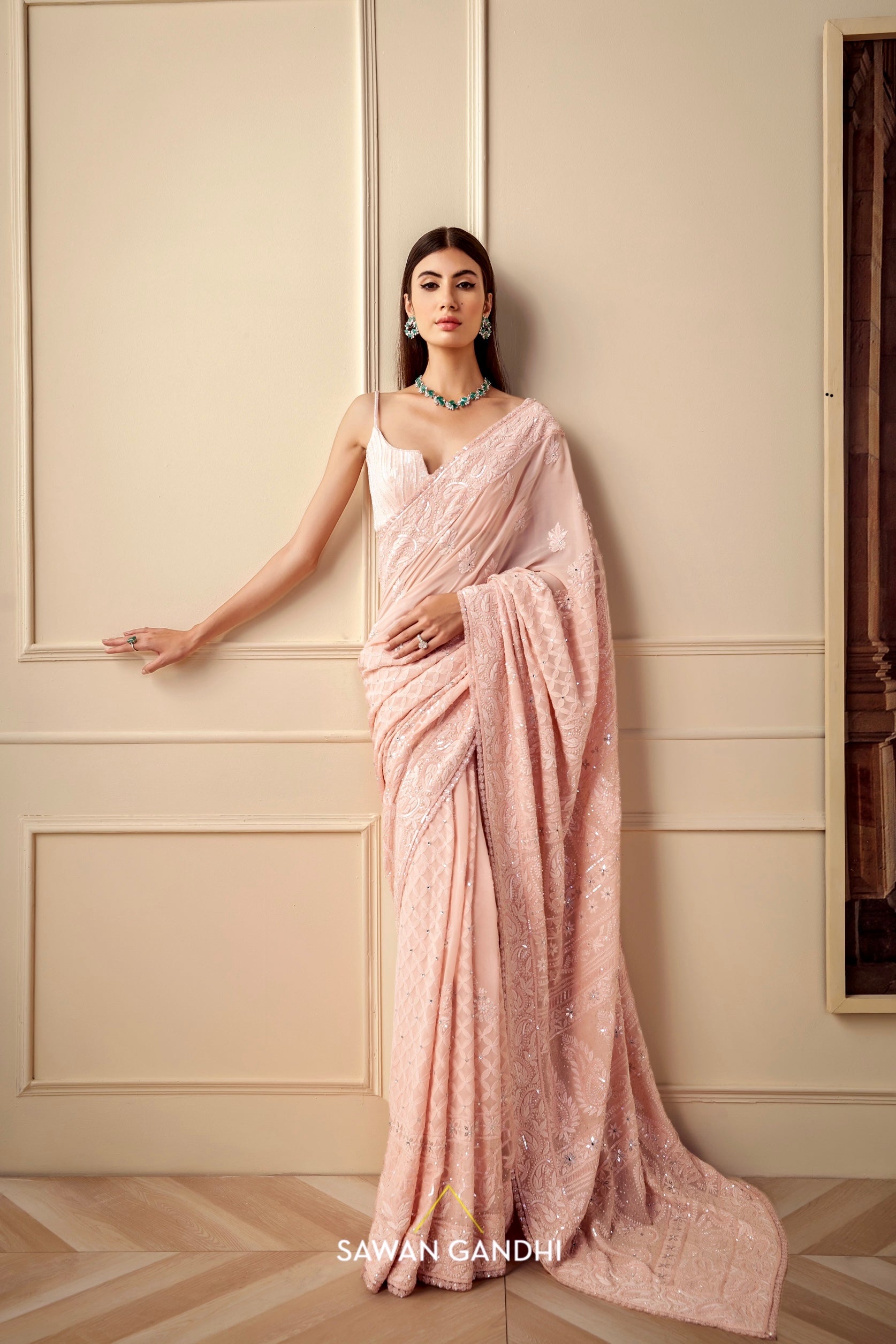 Peach Chikankari saree set