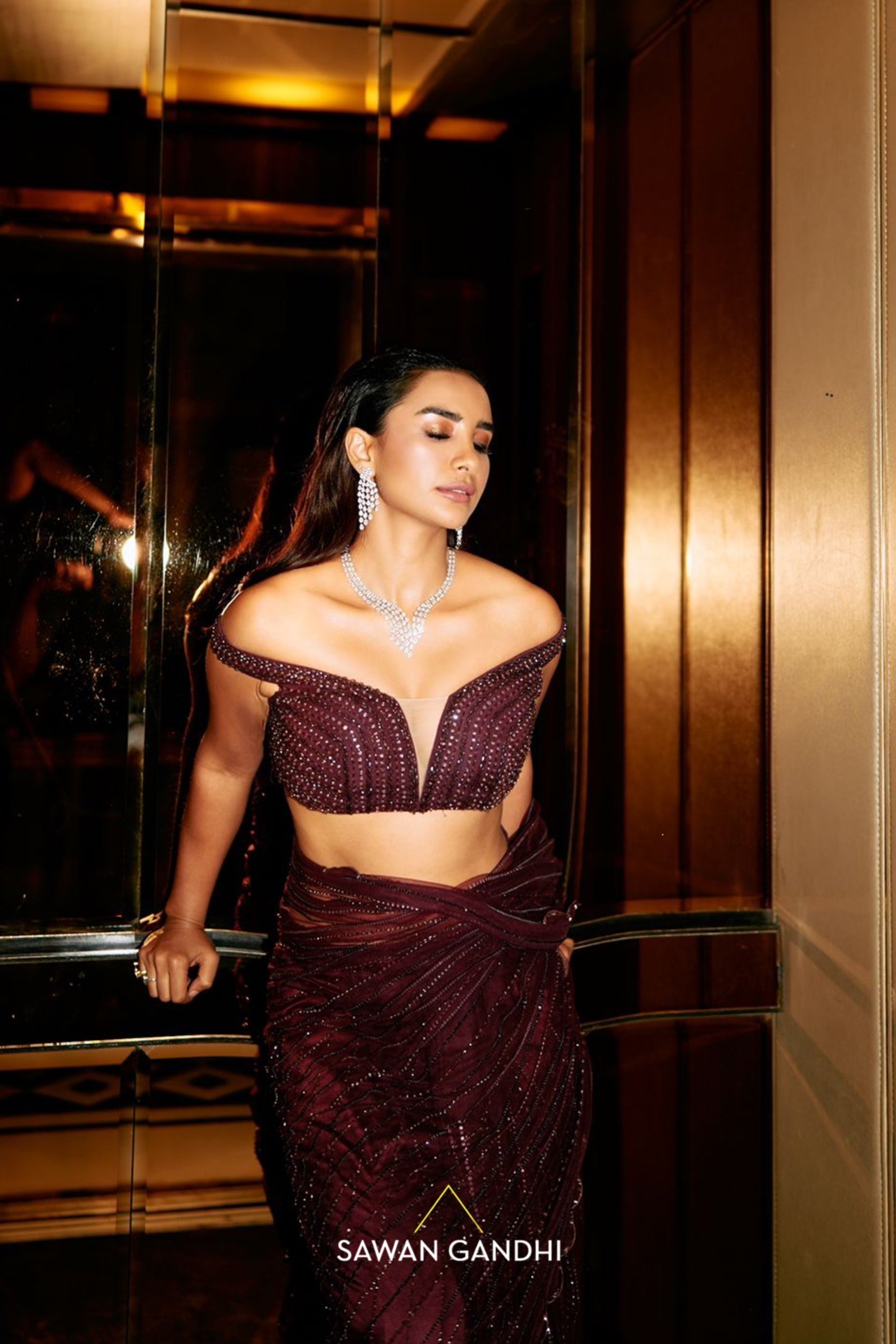 Patralekhaa in Wine crystal work saree