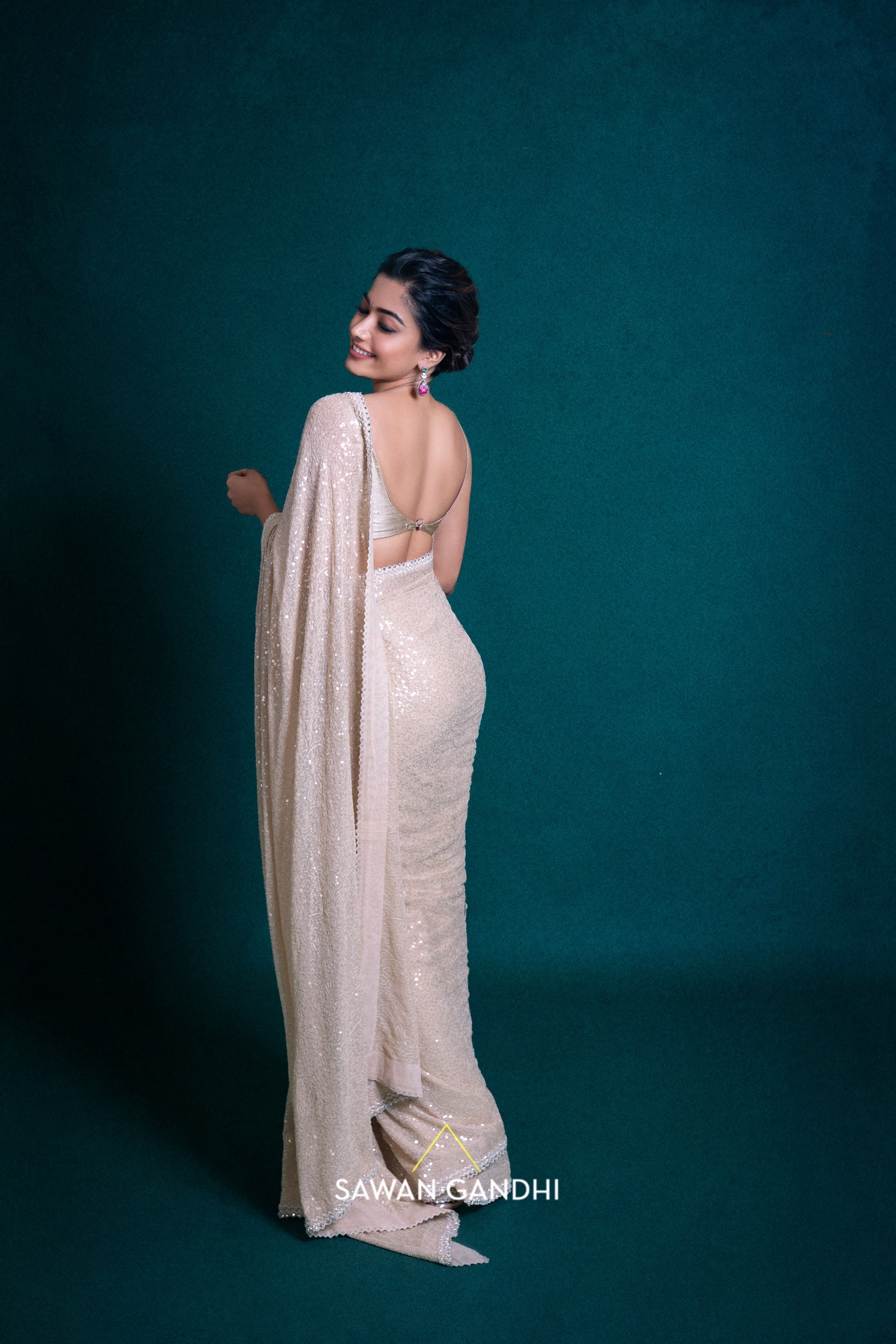 Rashmika Mandanna in Beige Sequins Saree .