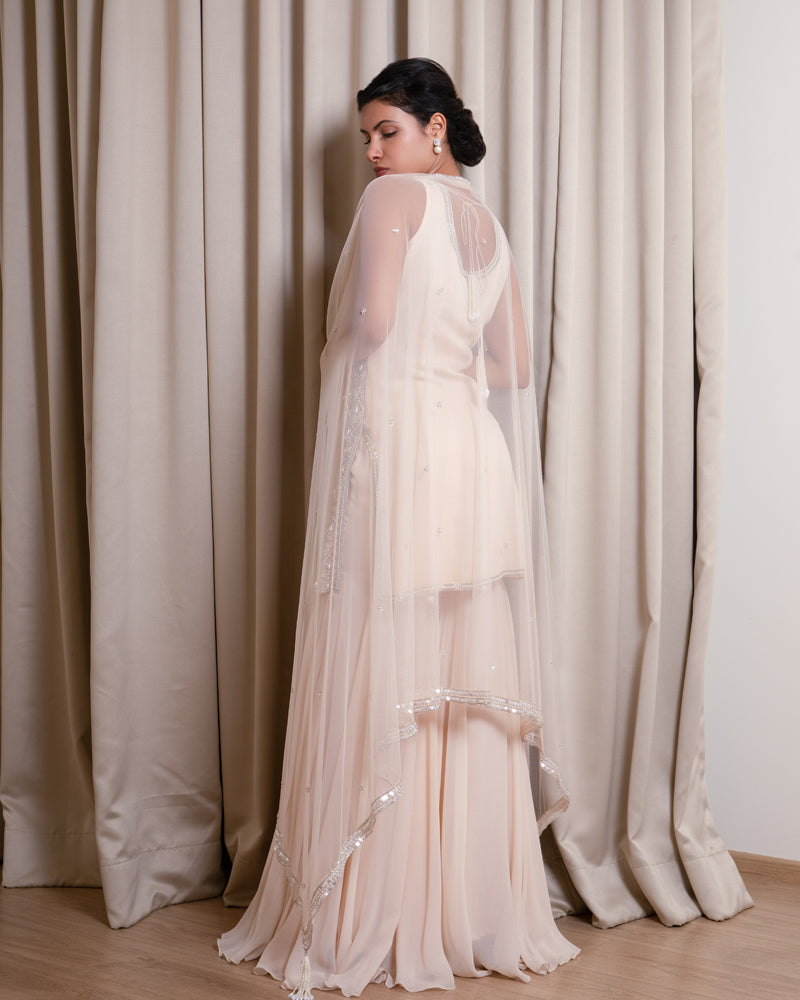 Peach Sharara Set with Dangling Pearls