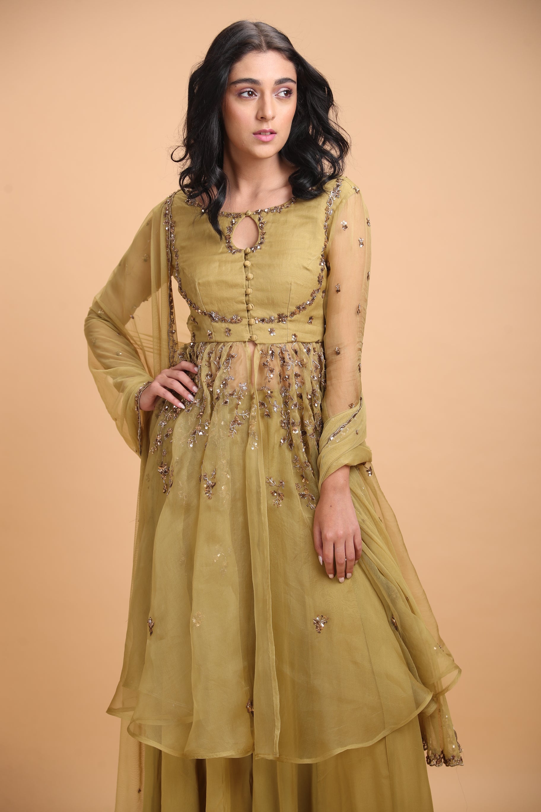 Leaf Green Jacket With Flare Georgette Pants