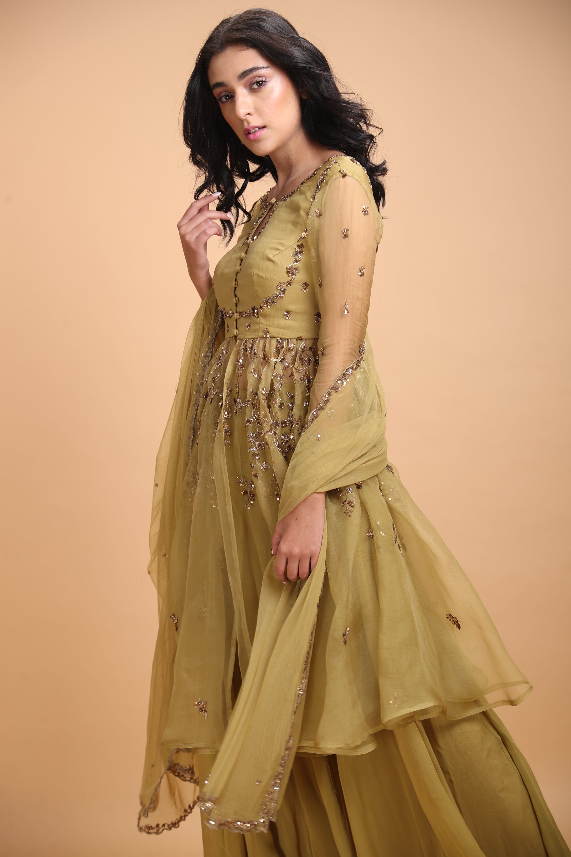 Leaf Green Jacket With Flare Georgette Pants