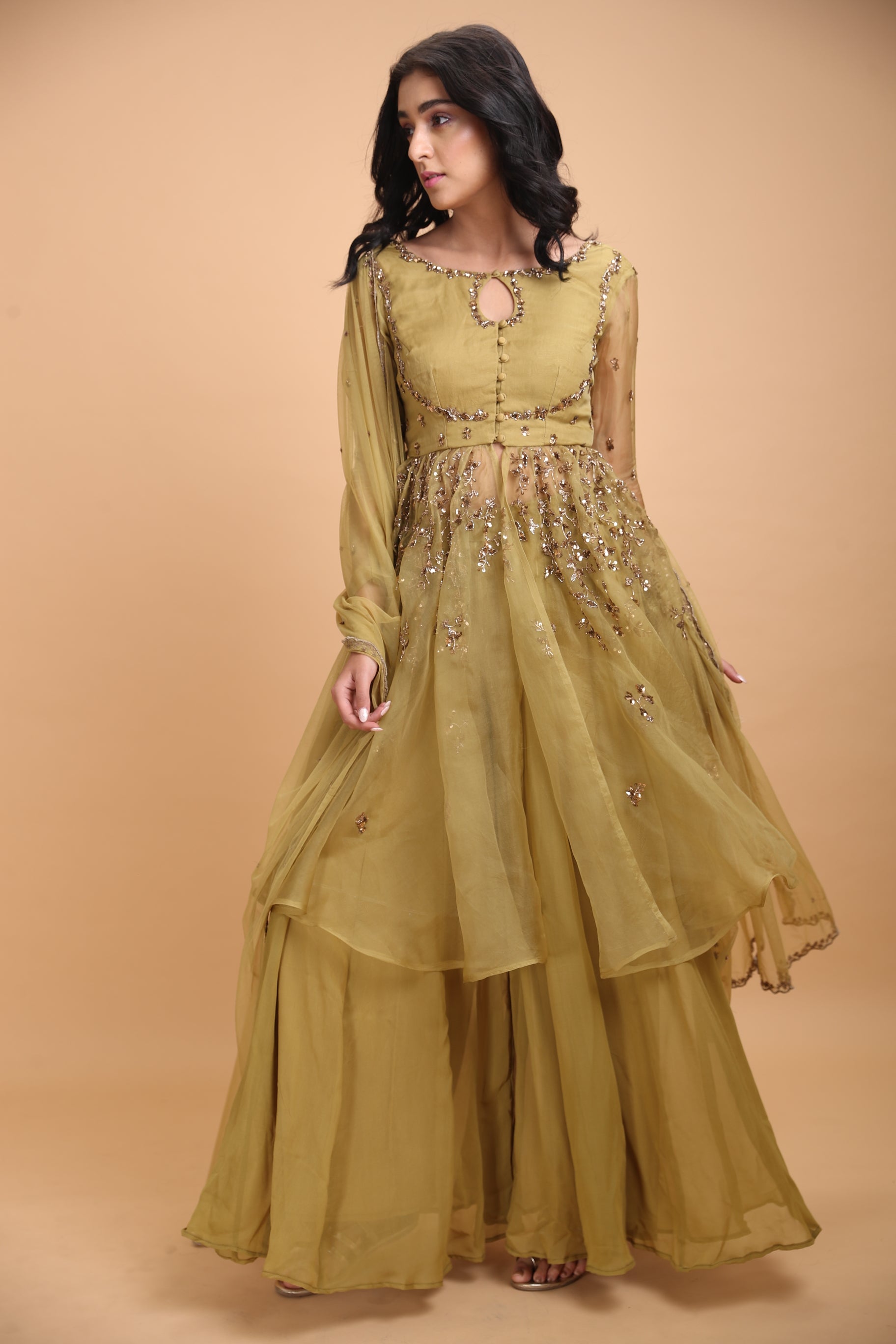 Leaf Green Jacket With Flare Georgette Pants