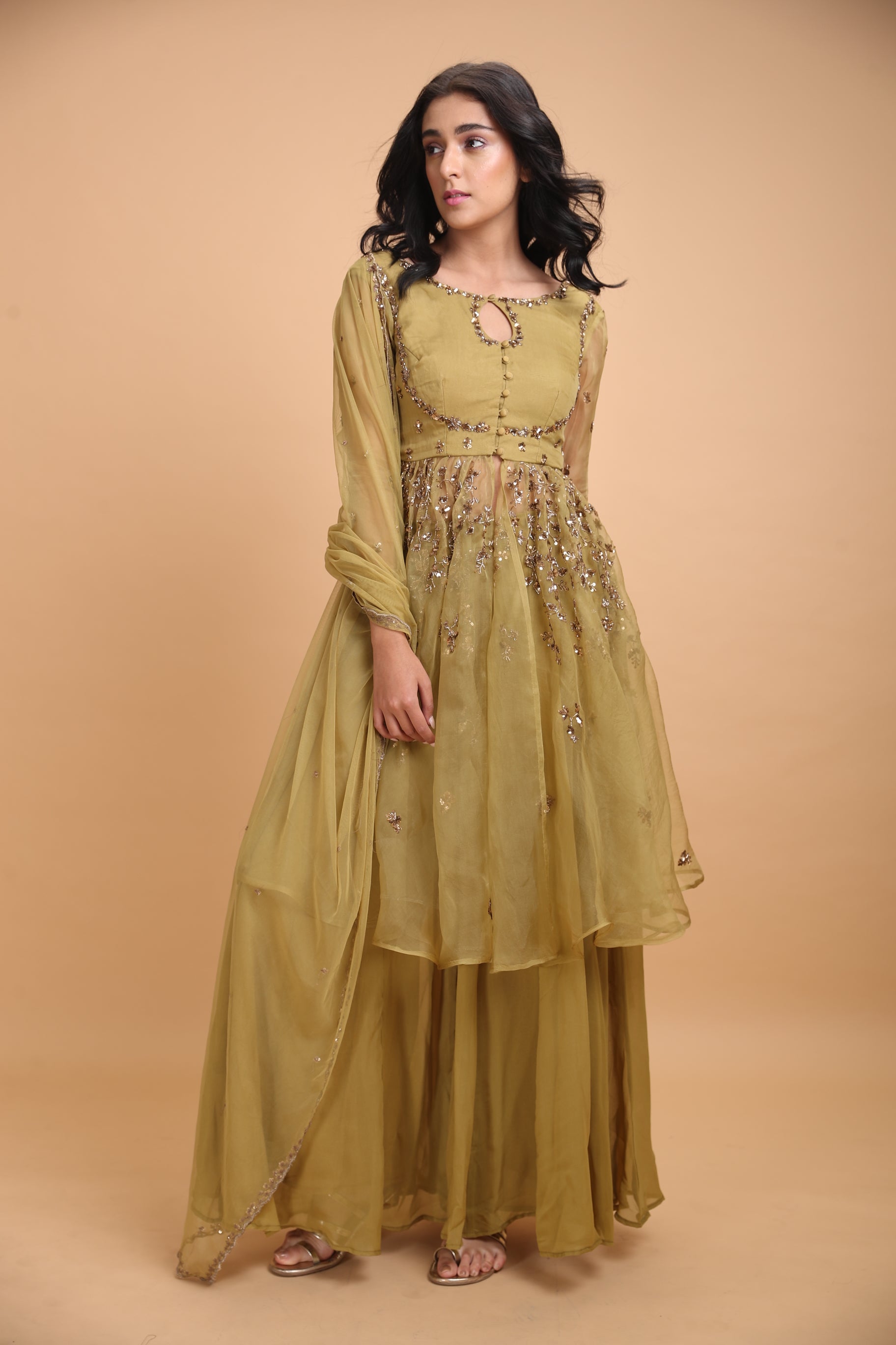 Leaf Green Jacket With Flare Georgette Pants