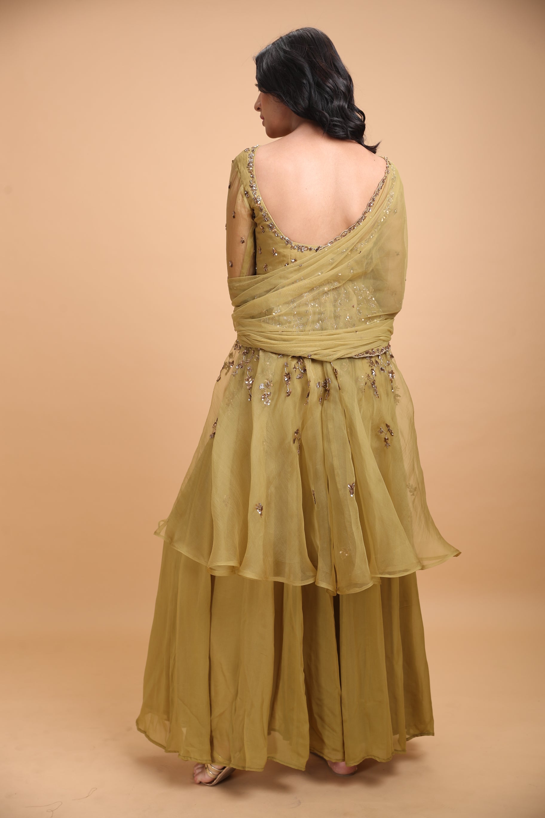 Leaf Green Jacket With Flare Georgette Pants