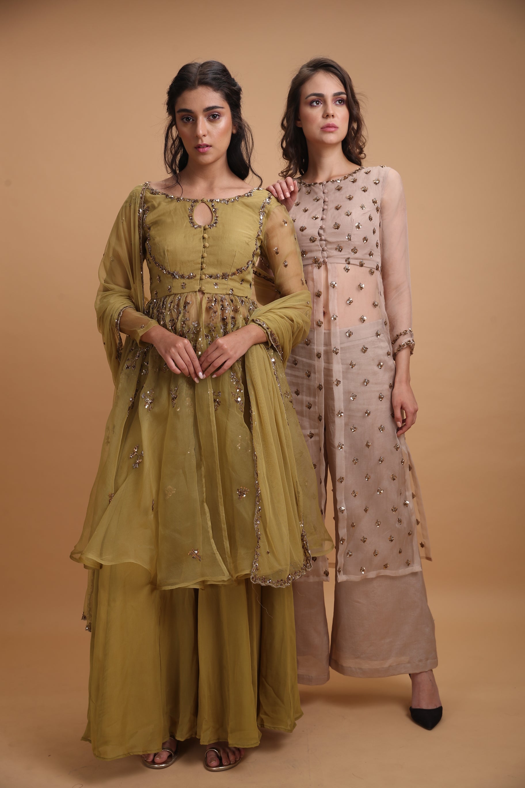 Leaf Green Jacket With Flare Georgette Pants