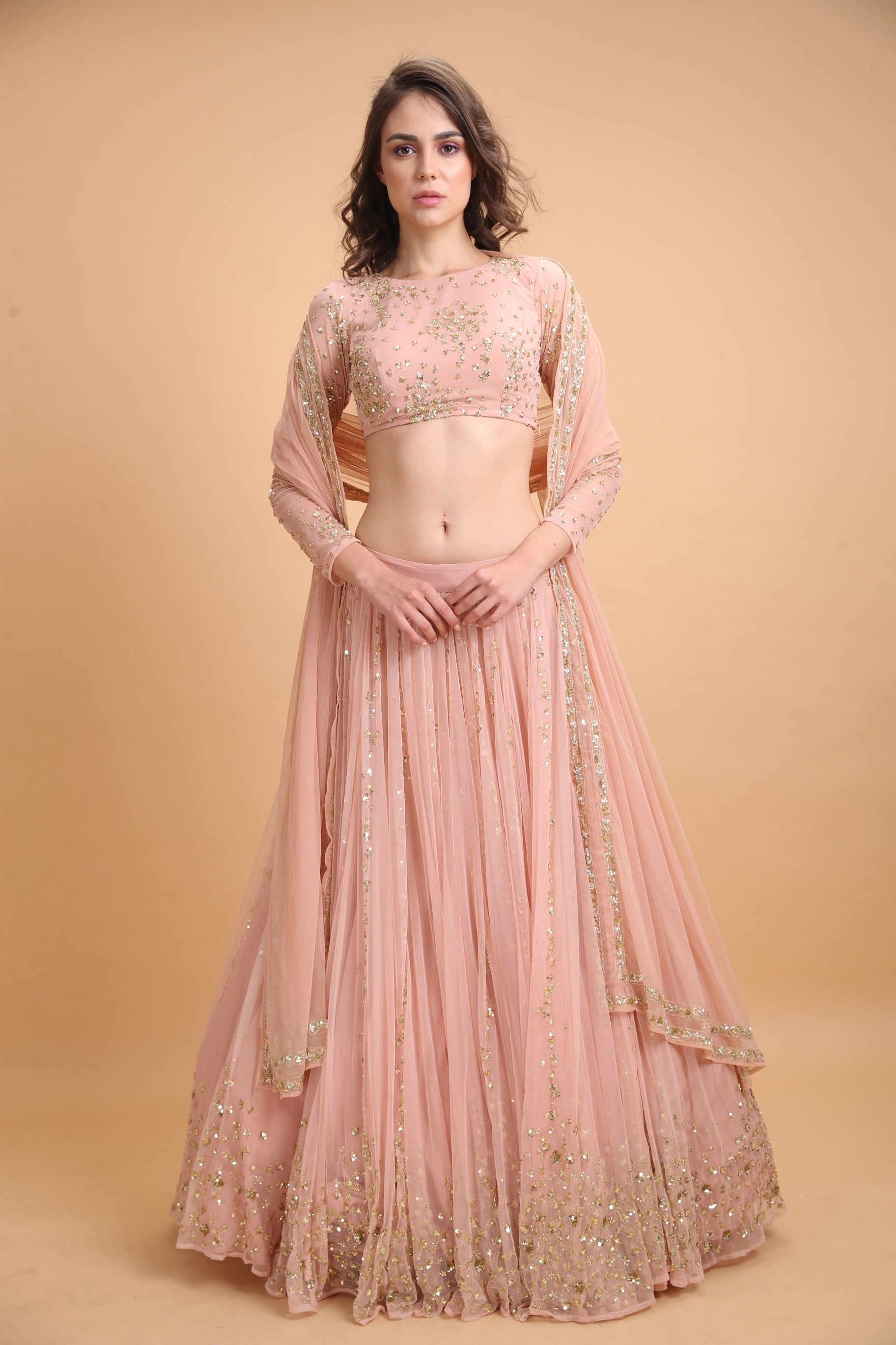 Peach Pink Gold Work Lehenga Set