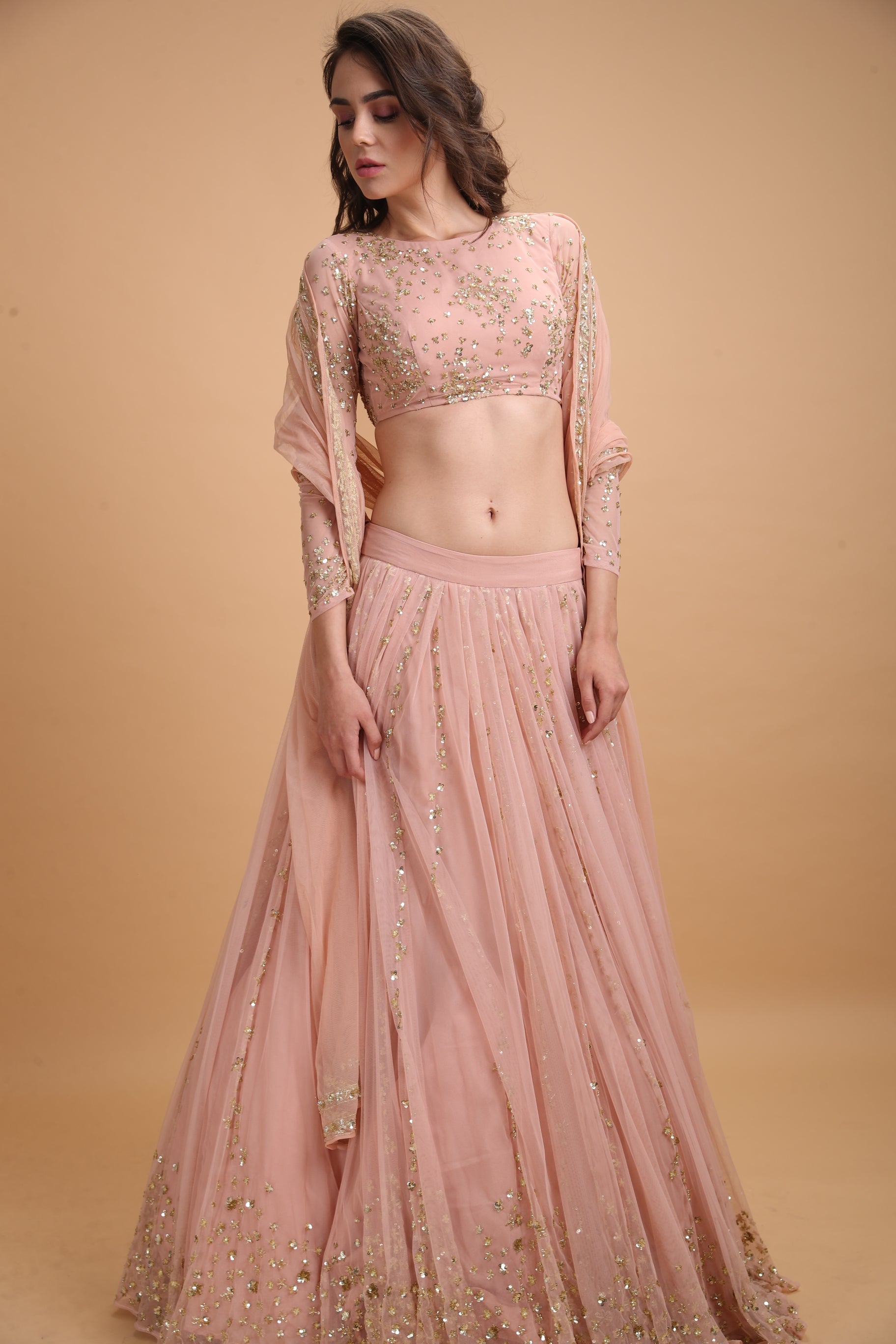 Peach Pink Gold Work Lehenga Set