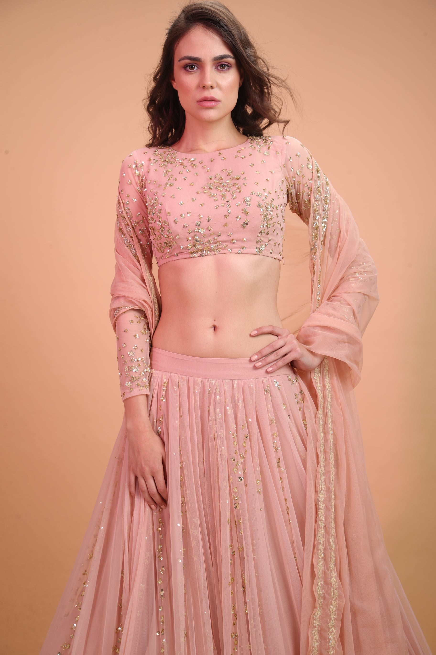 Peach Pink Gold Work Lehenga Set