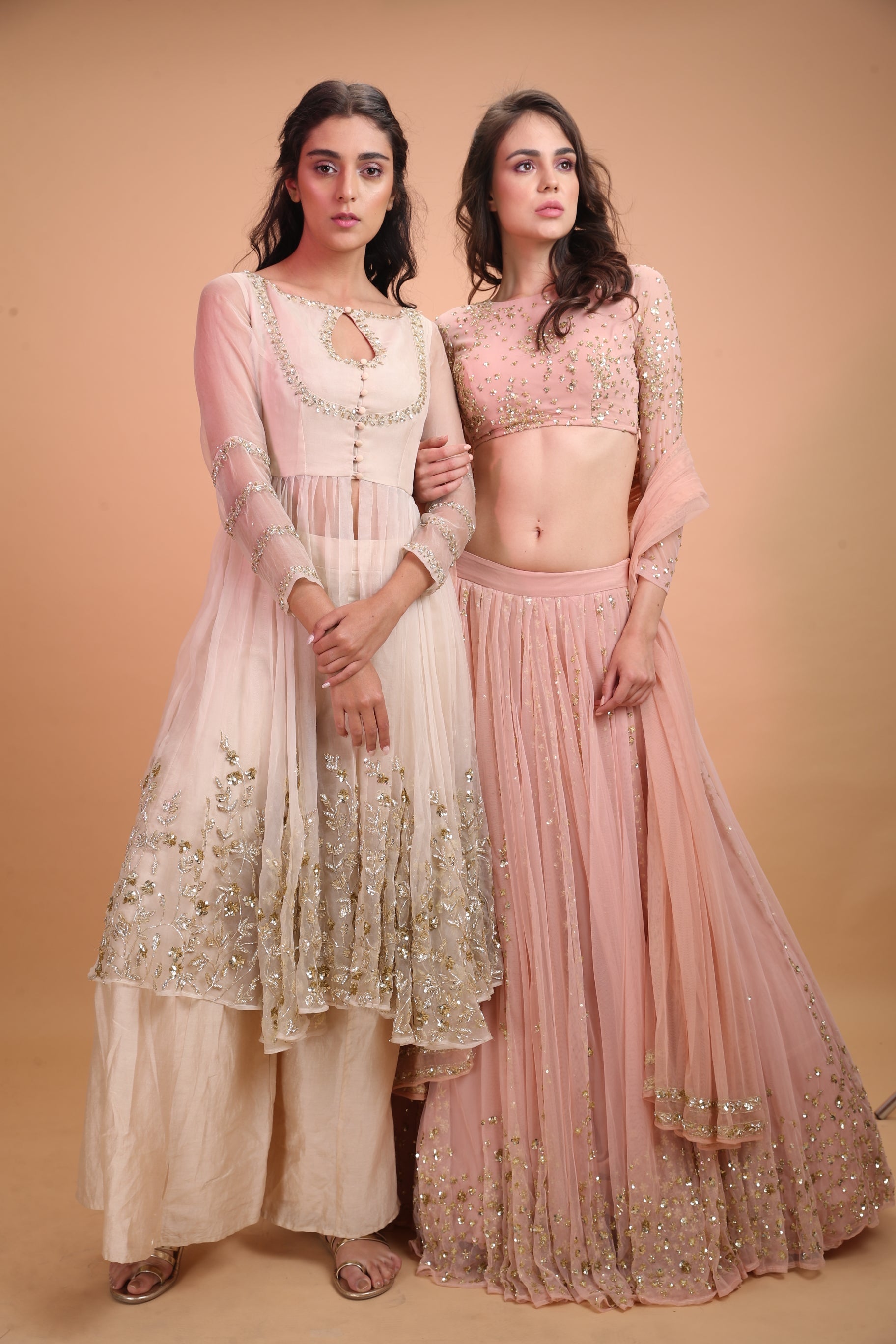 Peach Pink Gold Work Lehenga Set