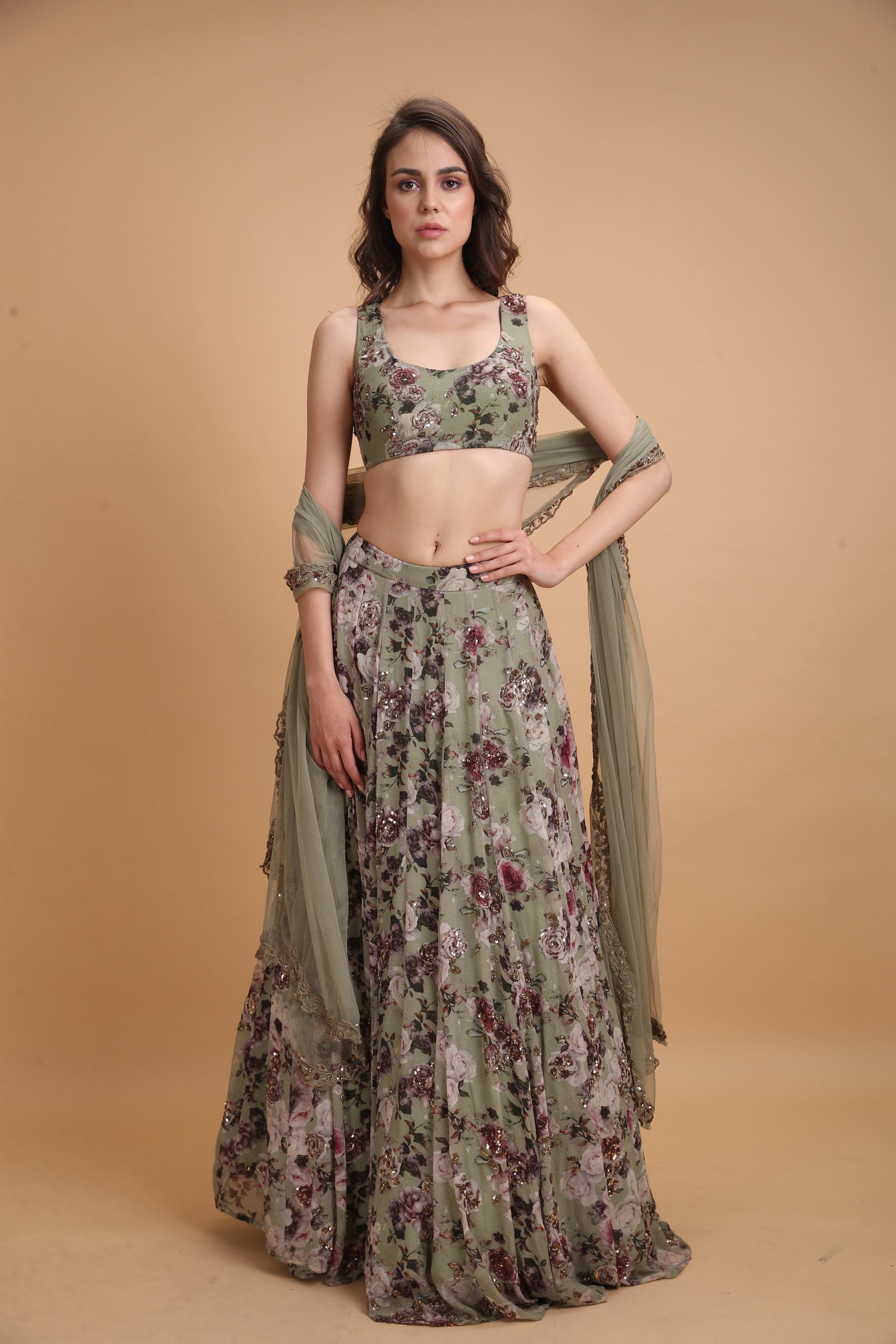 Olive Printed Floral Lehenga Set