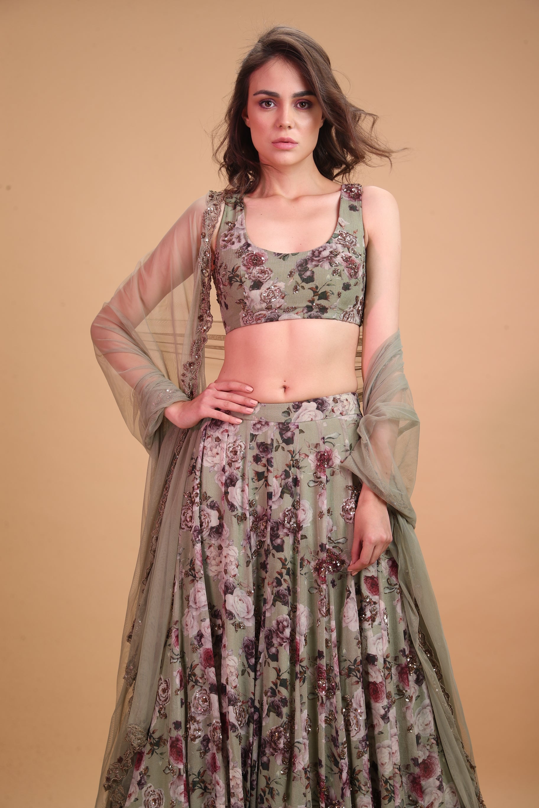 Olive Printed Floral Lehenga Set