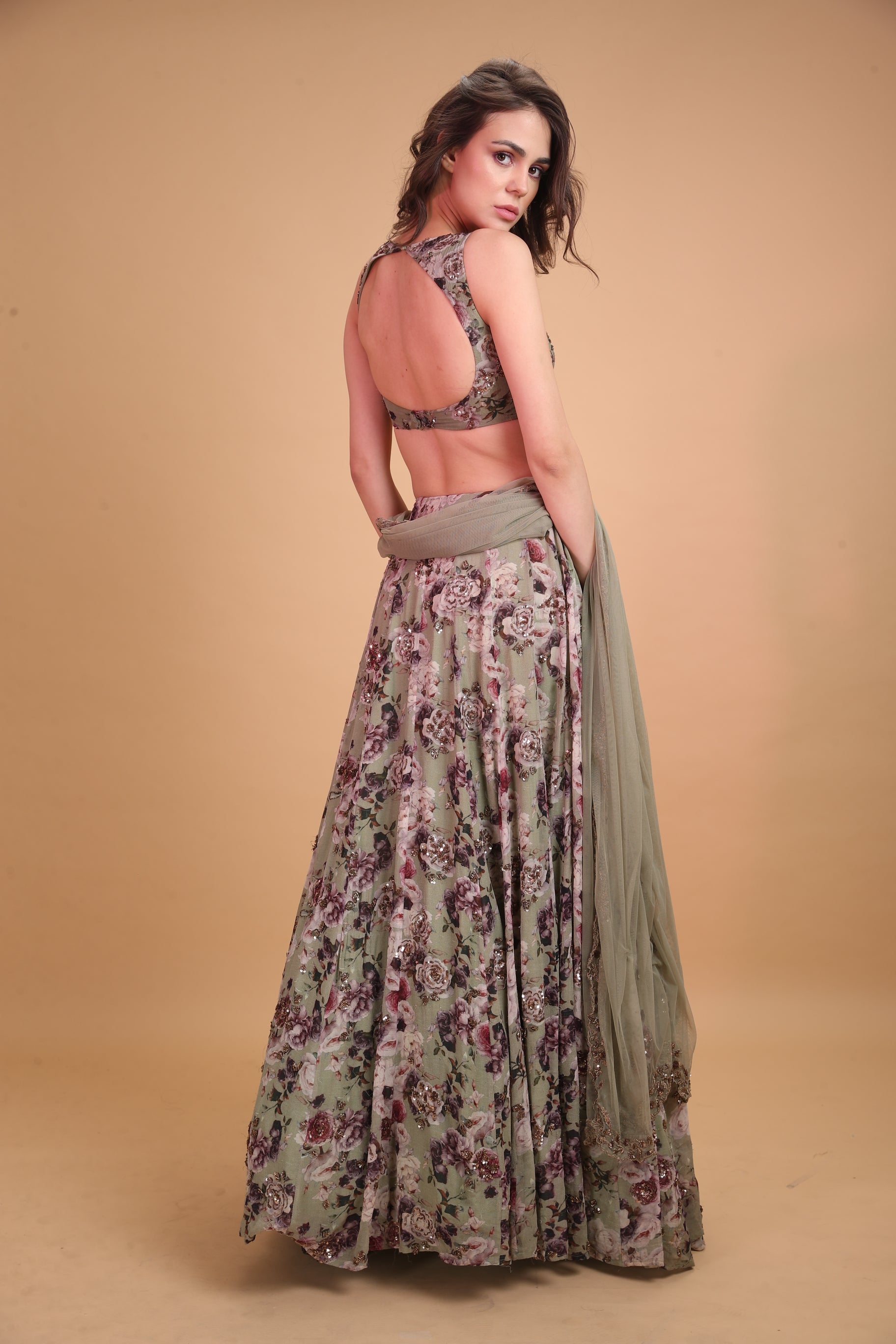 Lavender Printed Floral Lehenga Set