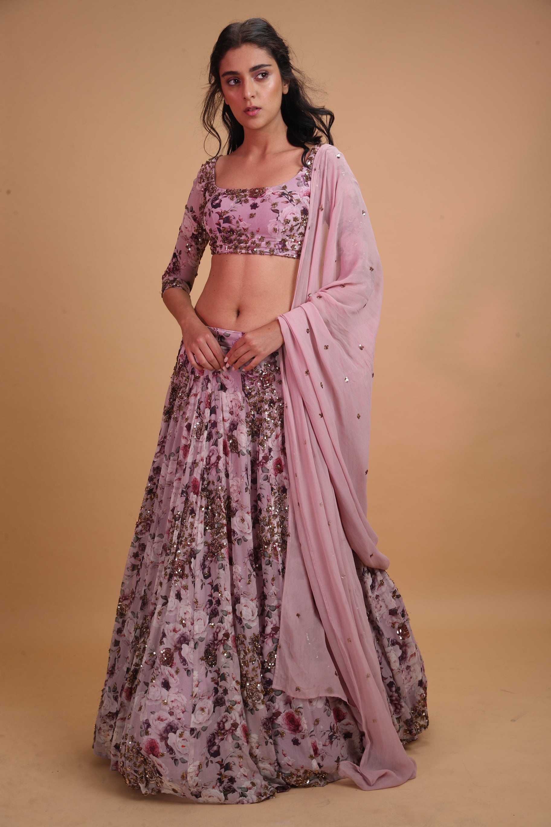 Lavender Printed Floral Lehenga Set