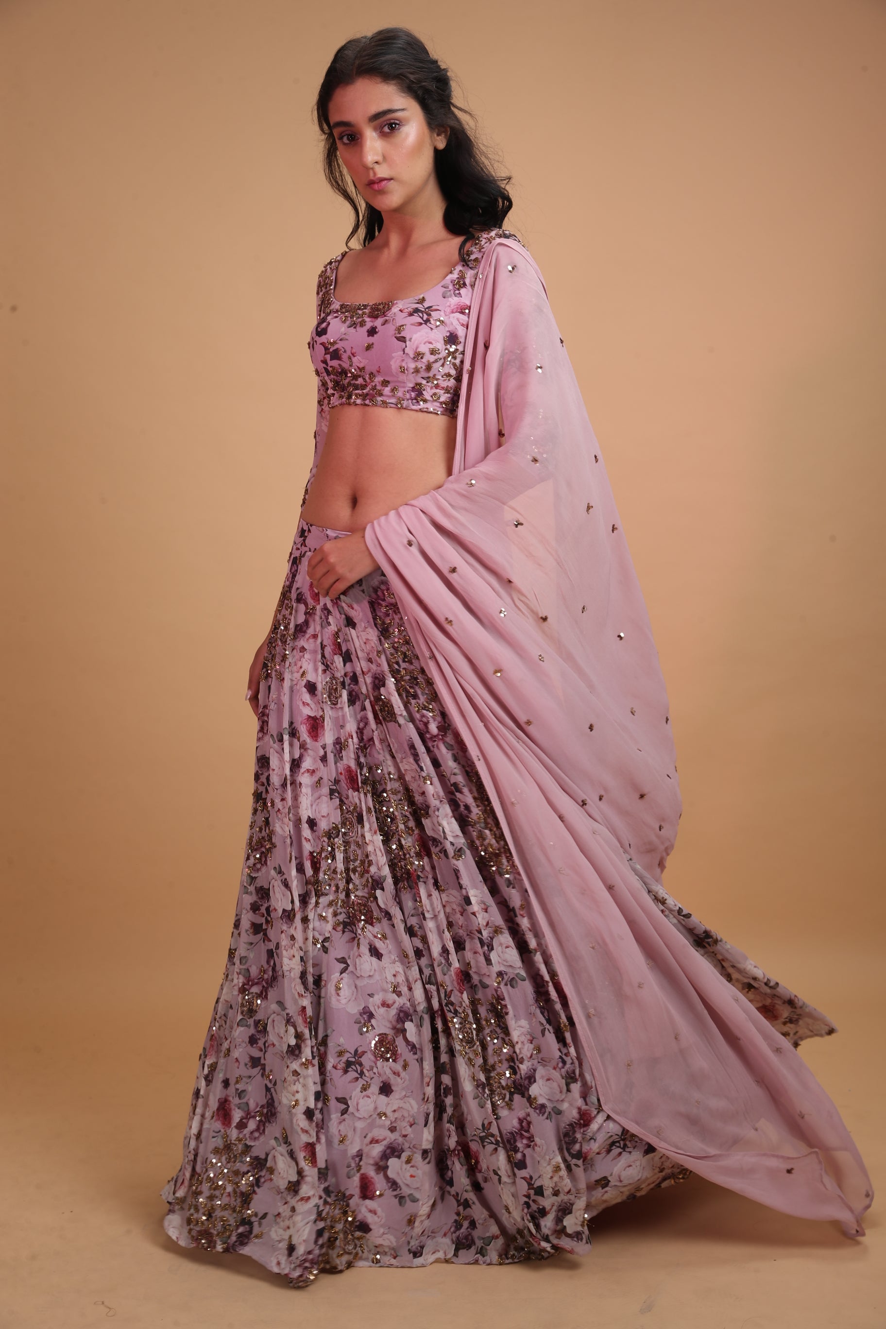 Lavender Printed Floral Lehenga Set